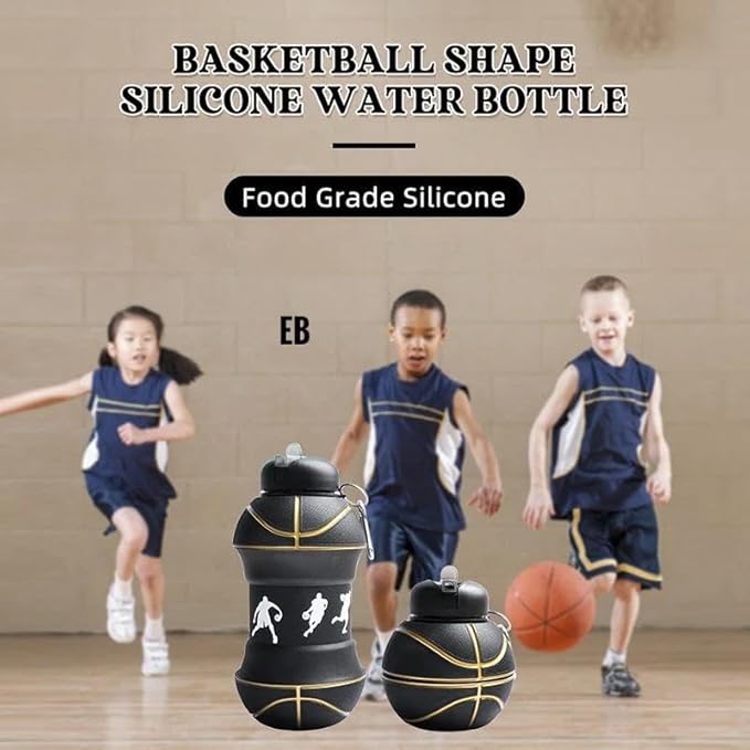 Echo Boomers Sports Ball Shape 550ml Bpa Free Silicone Collapsable Water Bottle for School, Travel Adventure, Gym For Kids & Adults (Black)