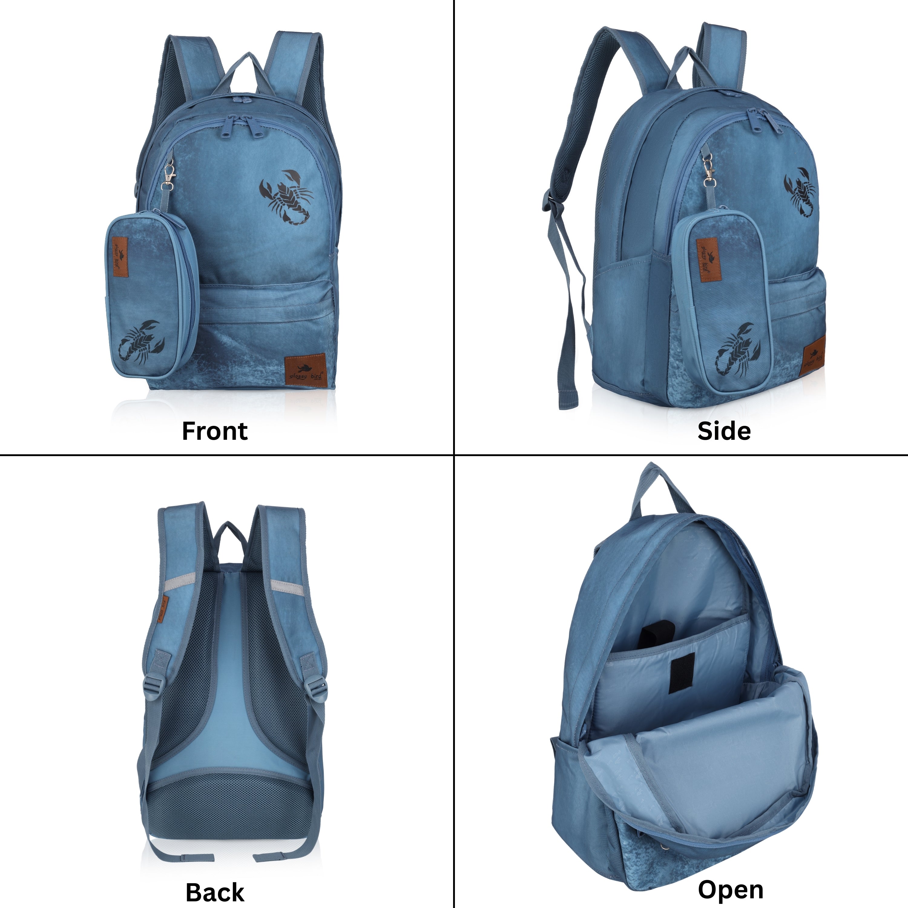 Echo Boomers Glossy Bird Backpack – Water-Resistant Stylish Bag with 3 Compartments, Bottle Holder, Detachable Pouch & Padded Straps – School & Travel Bag (AQUA)