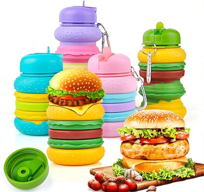 Echo Boomers Burger Shape 600ml Bpa Free Silicone Expand Water Bottle for School, Travel Adventure, Sports, Gym For Kids & Adults (Yellow)