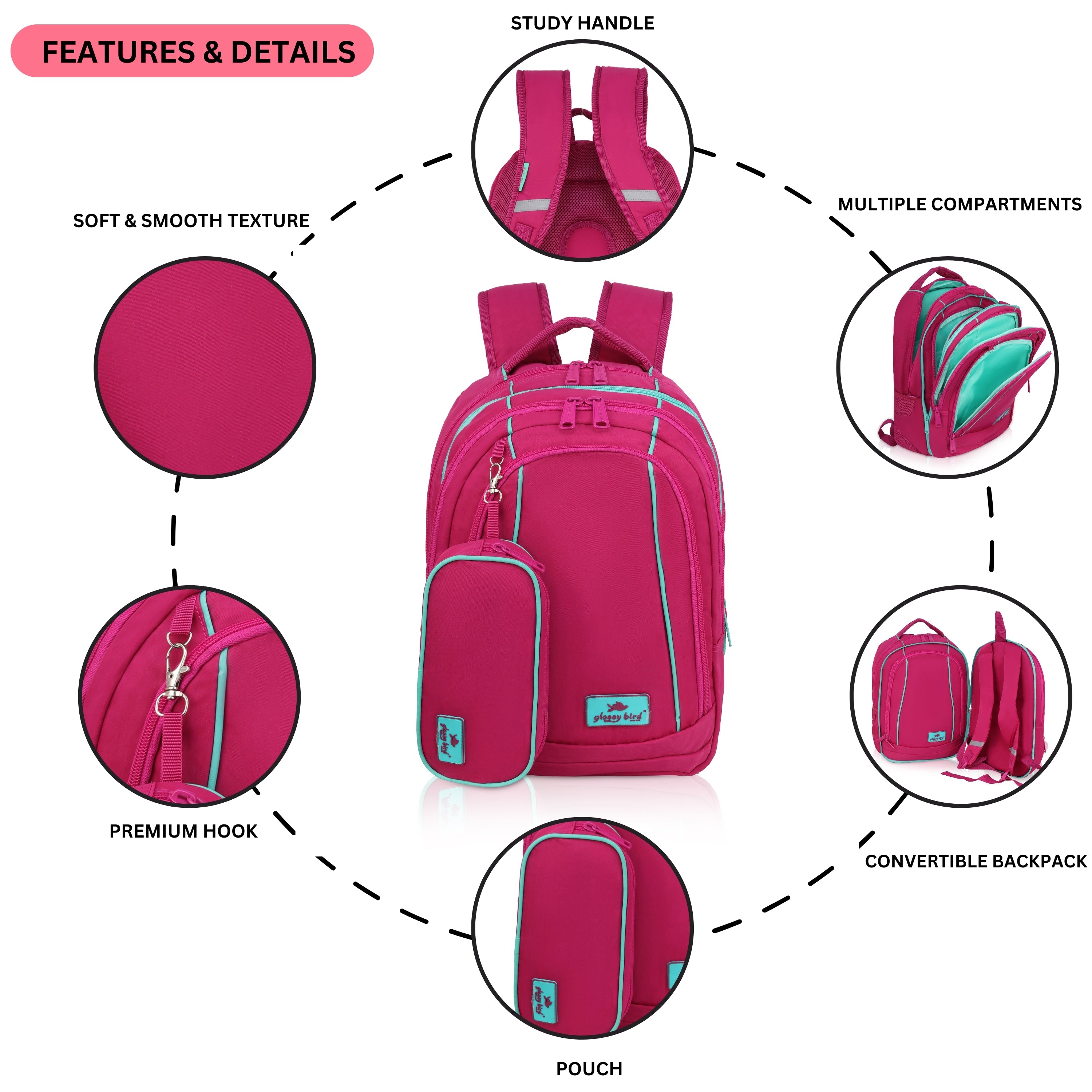 Echo Boomers Glossy Bird Backpack (PINK) – Water-Resistant Unisex Bag with 4 Compartments, Detachable Pouch, Bottle Holder & Padded Straps – School, College, Work & Travel Bag
