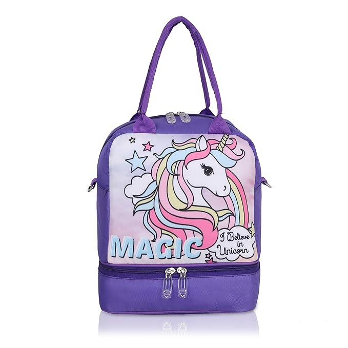 Echo Boomers Double Layer Insulated Tiffin Lunch Bag - Magical Purple Unicorn Print, Multi Pockets & Long Strap