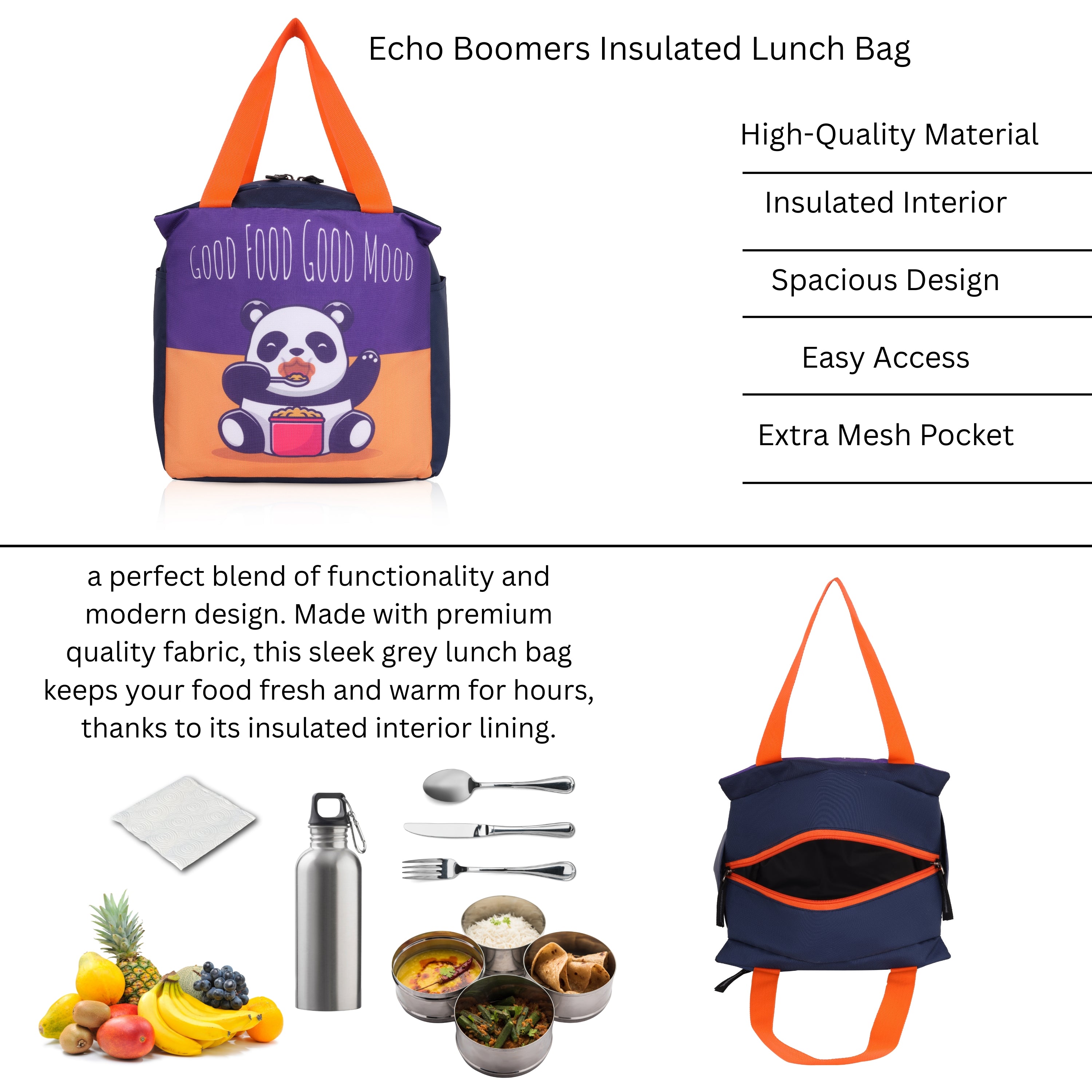 Echo Boomers Good Food Good Mood Panda Print Black Lunch Bag for Kids | Stylish, Lightweight & Durable | School, Travel & Picnic Use | Premium Zipper, Sturdy Handle, Easy to Clean