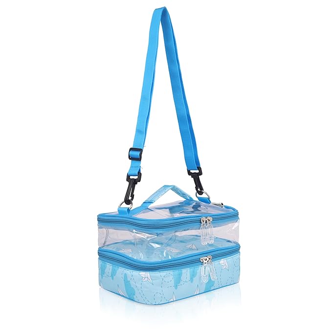 Echo Boomers Plane Printed Small Double-Decker Insulated Lunch Bag with Multi-Zipper Pockets - Sky Blue