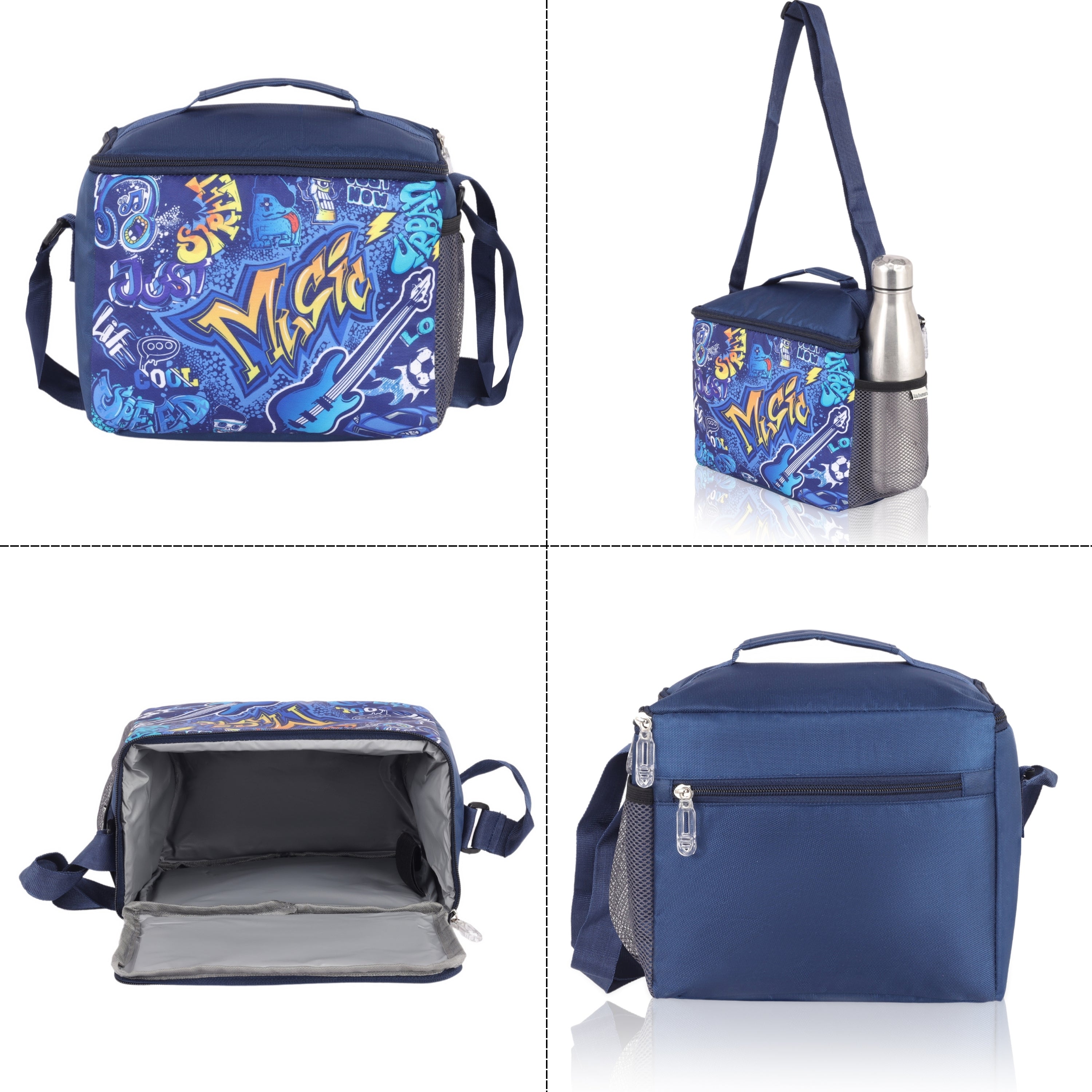 Echo Boomers Music Printed Insulated Lunch Bag, Tiffin and Food Storage Bag for Work, Students, Office, Picnic, College & School with Bottle Holder & Multiple Zipper Pockets (Blue)