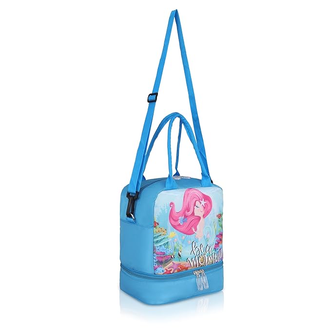 Echo Boomers Double Layer Insulated Tiffin Lunch Bag - Cool Blue Mermaid Print, Multi Pockets & Long Strap