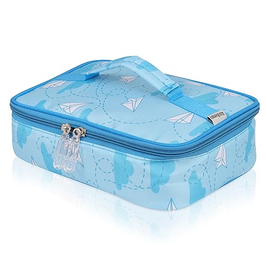 Echo Boomers Paper Plane Theme Printed Small Insulated Lunch Bag with Mesh Compartment & Water Bottle - Blue