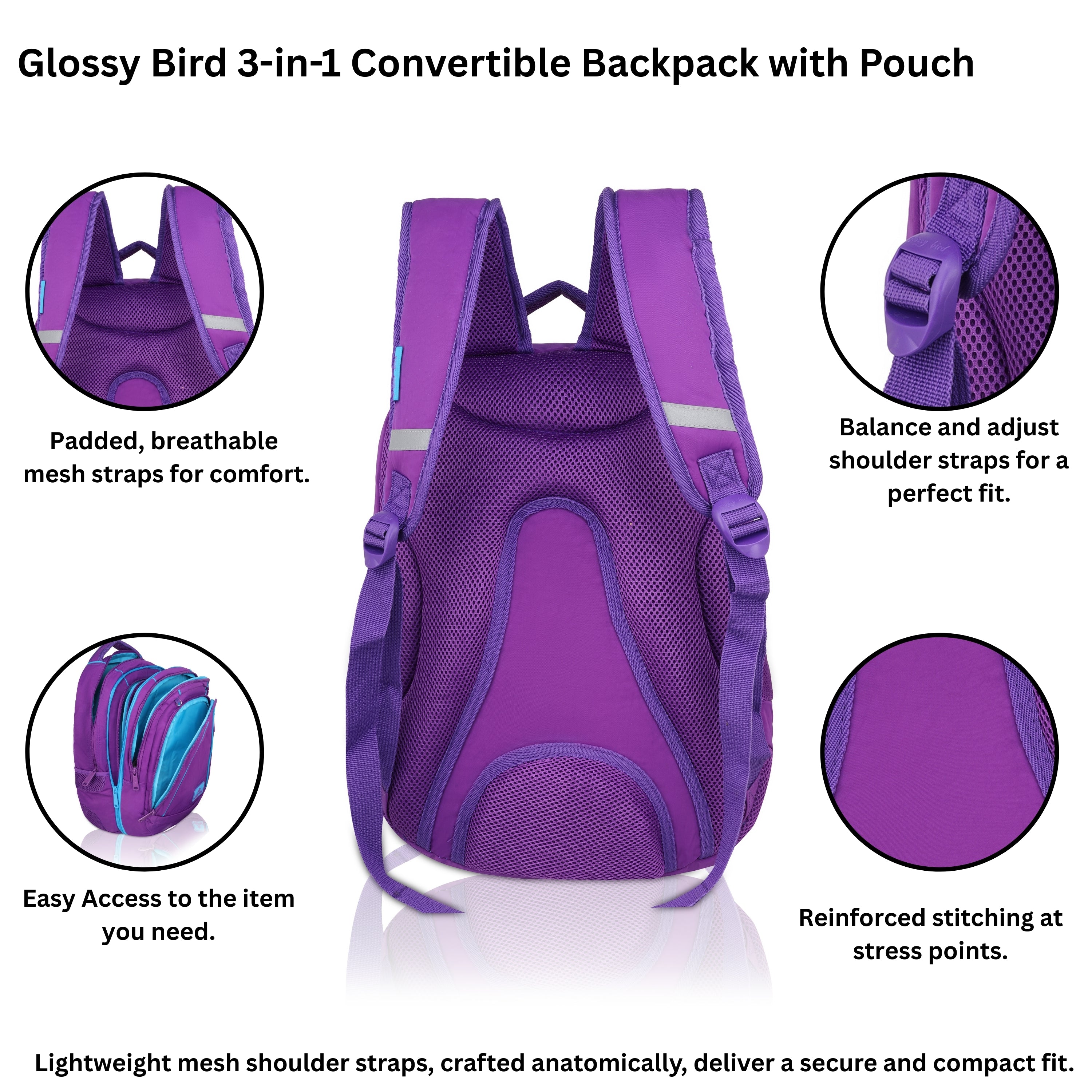 Echo Boomers Glossy Bird Backpack (PINK) – Water-Resistant Unisex Bag with 4 Compartments, Detachable Pouch, Bottle Holder & Padded Straps – School, College, Work & Travel Bag