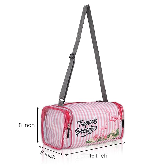 Echo Boomers Pink Stripes Print Square Travel Duffle Gym Luggage Bag with PVC Side Compartments