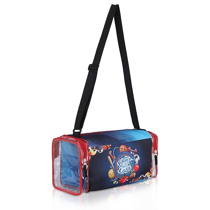 Echo Boomers Red Sports Print Square Travel Duffle Gym Luggage Bag with PVC Side Compartments