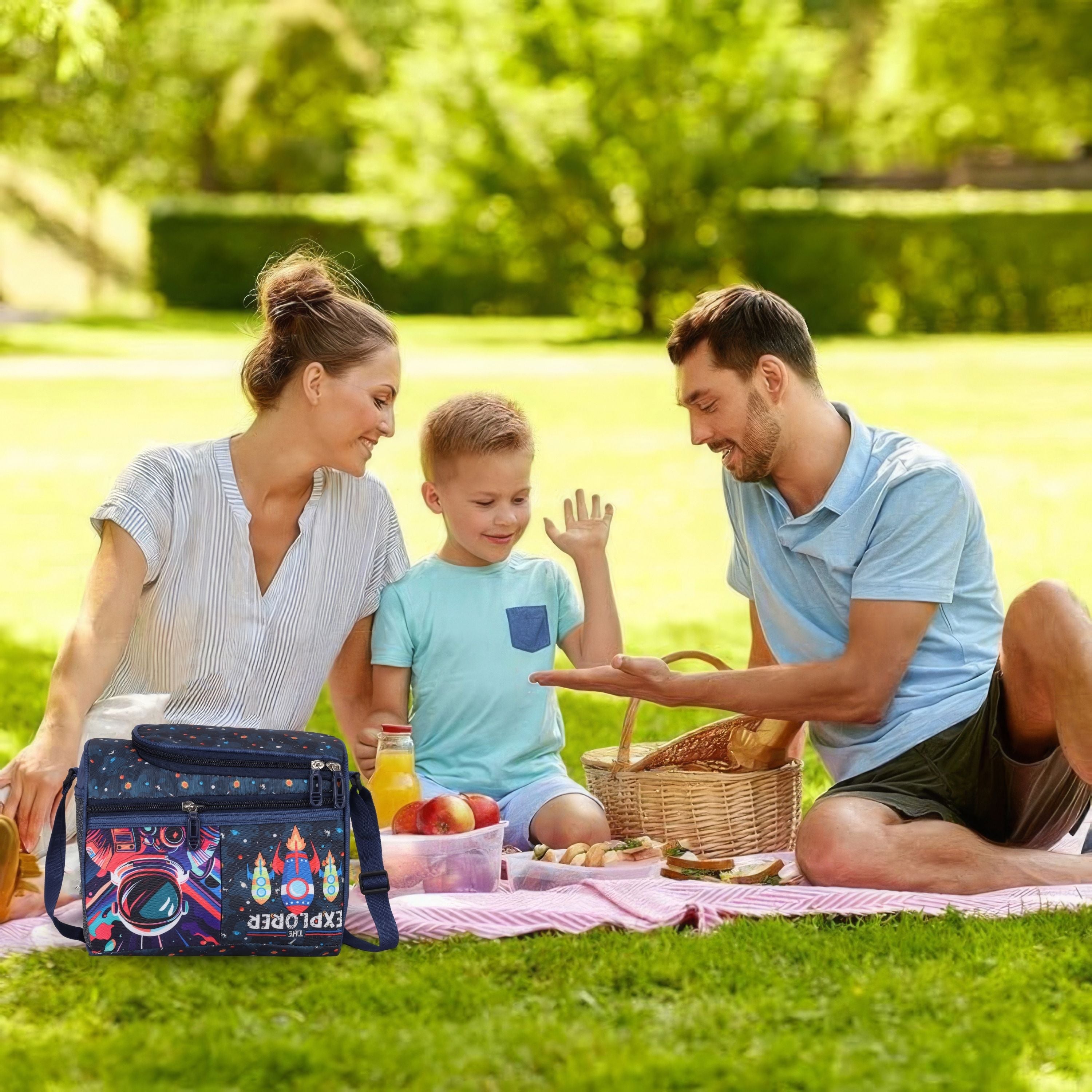 Echo Boomers Blue Explorer Printed Double Insulated Tiffin Lunch Bag with Multi Zipper Pockets - Blue