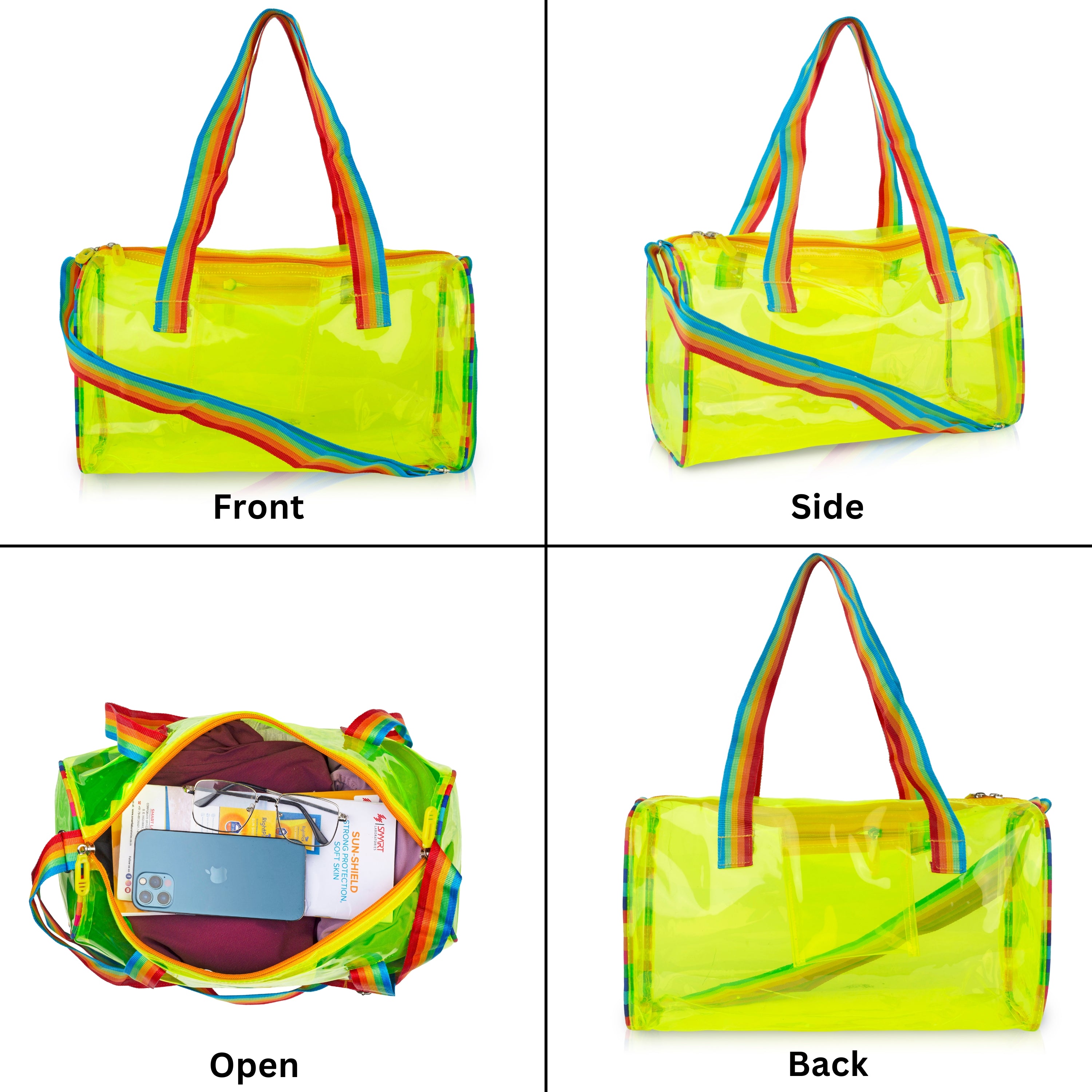 Echo Boomers See-Through Jelly Duffle –  Transparent Bag with Rainbow Handles | Trendy Handbag for School, Gym, Travel, Beach