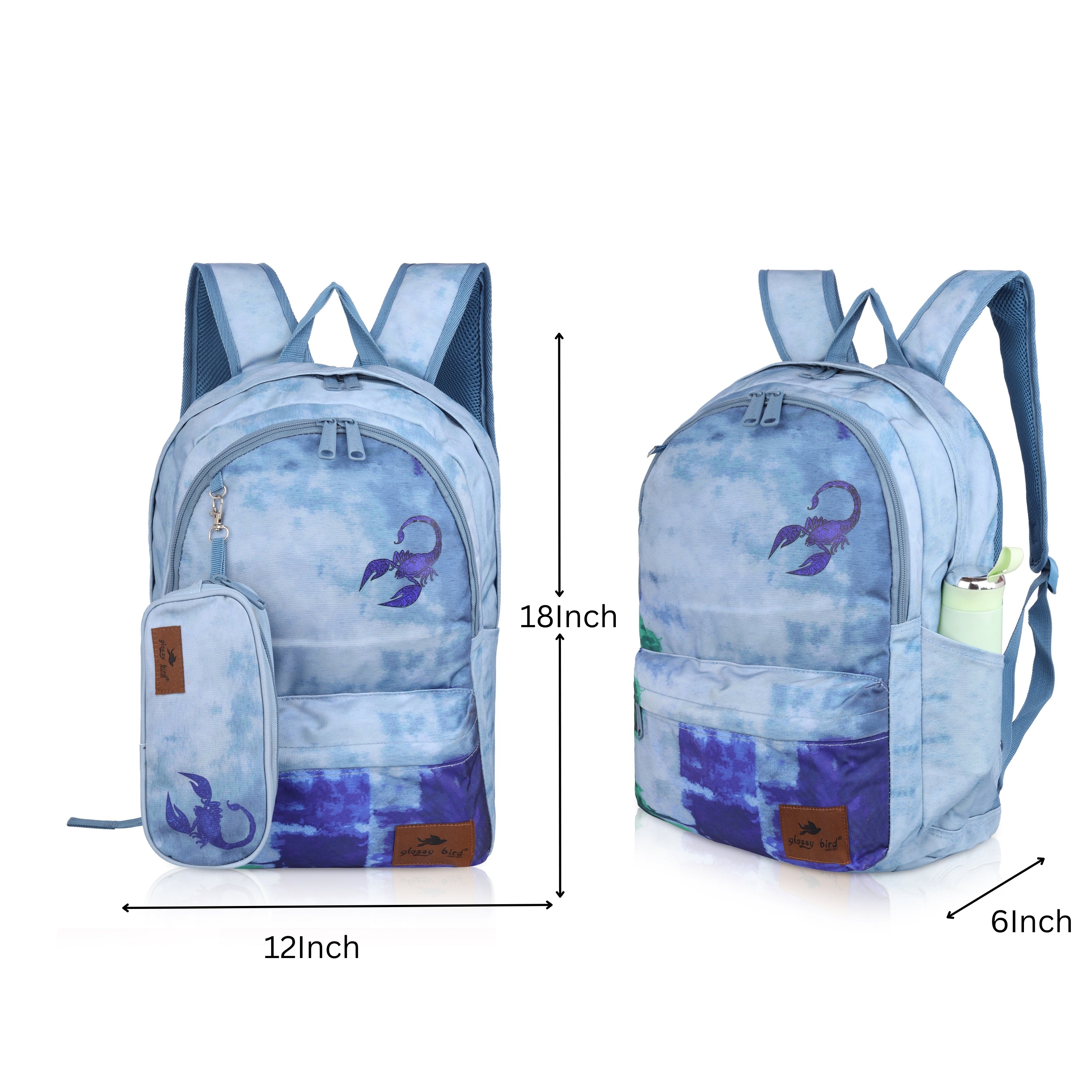 Echo Boomers Glossy Bird Backpack – Water-Resistant Stylish Bag with 3 Compartments, Bottle Holder, Detachable Pouch & Padded Straps – School & Travel Bag (AQUA)