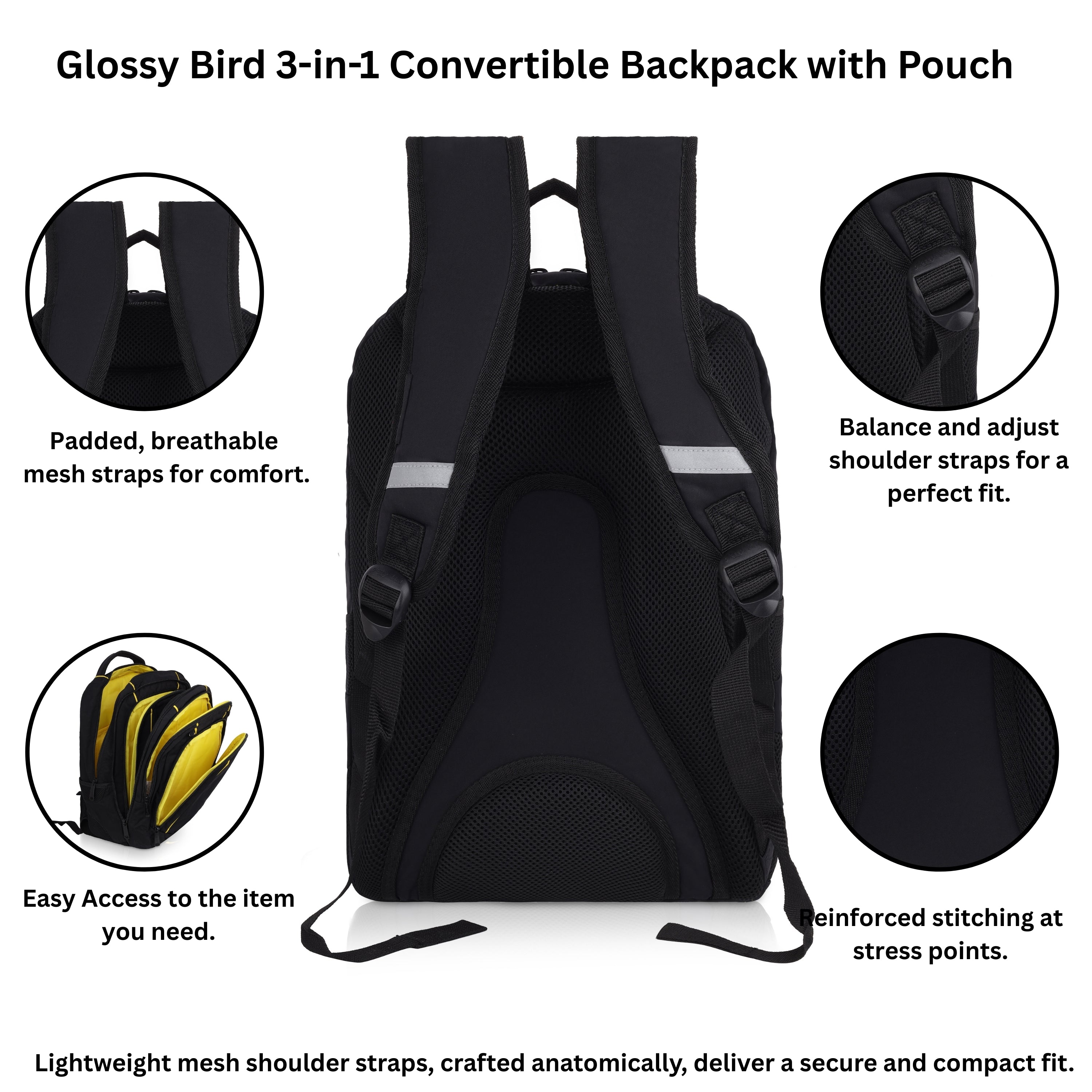 Echo Boomers Glossy Bird Backpack (PINK) – Water-Resistant Unisex Bag with 4 Compartments, Detachable Pouch, Bottle Holder & Padded Straps – School, College, Work & Travel Bag