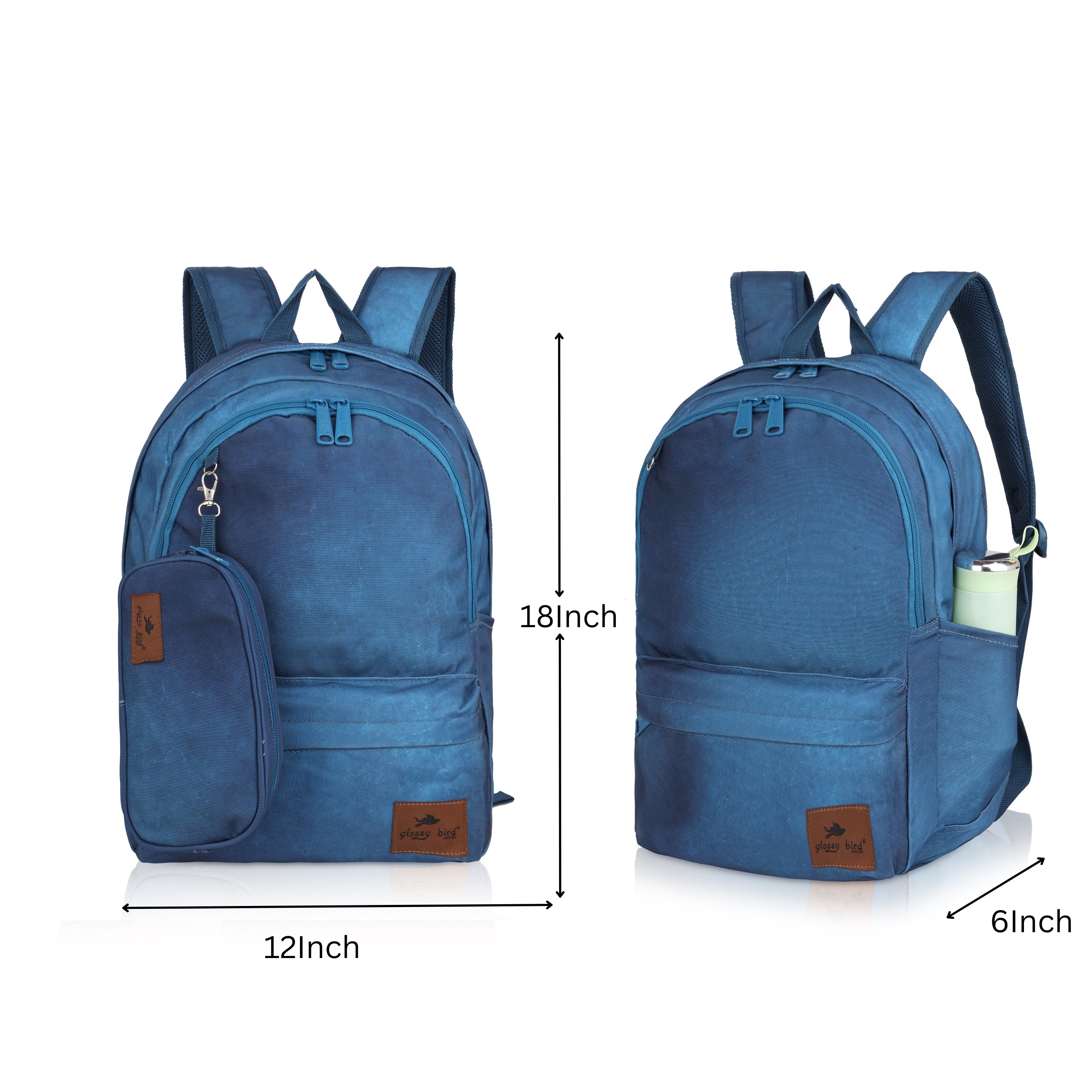 Echo Boomers Glossy Bird Backpack by Echo Boomers – Water-Resistant Bag with 3 Compartments, Bottle Holder, Padded Straps & Detachable Pouch – Ideal for School & Travel (Blue)