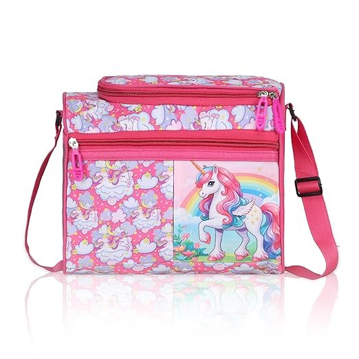 Echo Boomers Double-Insulated Tiffin Lunch Bag in Pink with Magical Unicorn Pattern and Ample Zippered Storage for Easy Organization