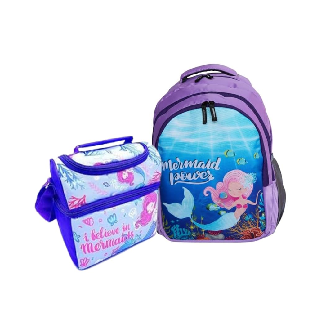 Echo Boomers Mermaid Design Print Backpack|17 inch - 3 Compartment School Bags for Kids with Zipper Closure & Mermaid Printed Double Insulated Tiffin Lunch Bag Set