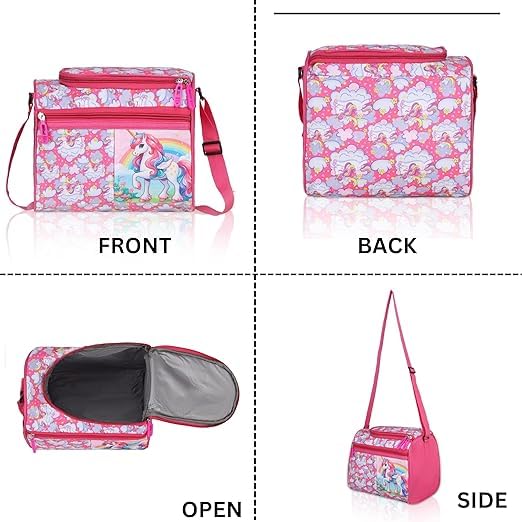 Echo Boomers Double-Insulated Tiffin Lunch Bag in Pink with Magical Unicorn Pattern and Ample Zippered Storage for Easy Organization