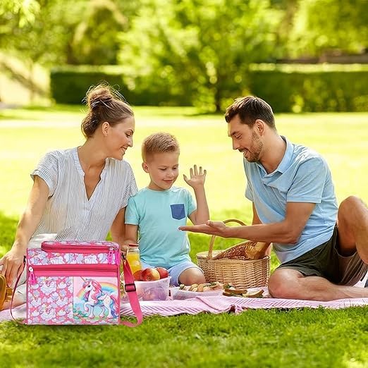 Echo Boomers Double-Insulated Tiffin Lunch Bag in Pink with Magical Unicorn Pattern and Ample Zippered Storage for Easy Organization