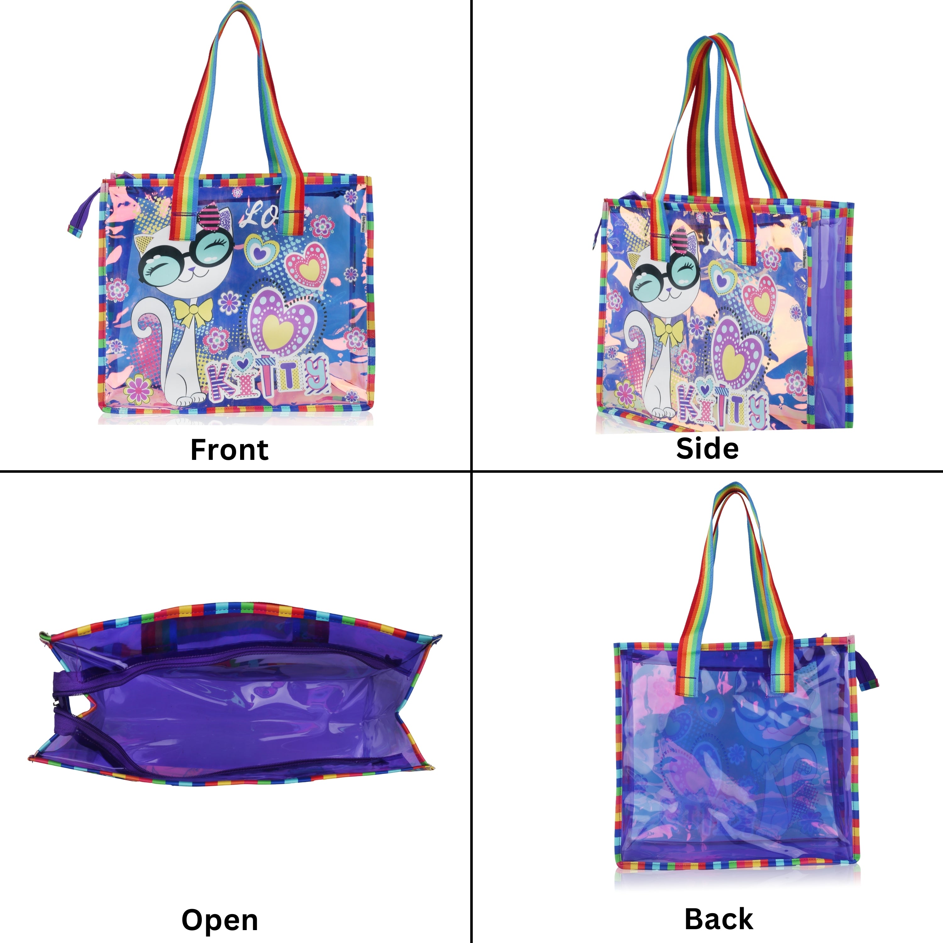 Echo Boomers Cute Mermaid,Magical Unicorn Wings,Astronaut, Stylish Cat,Cute Love Unicorn Transparent 50 GsmTote Bag – Rainbow Handles | Spacious, Durable & Stylish PVC Bag