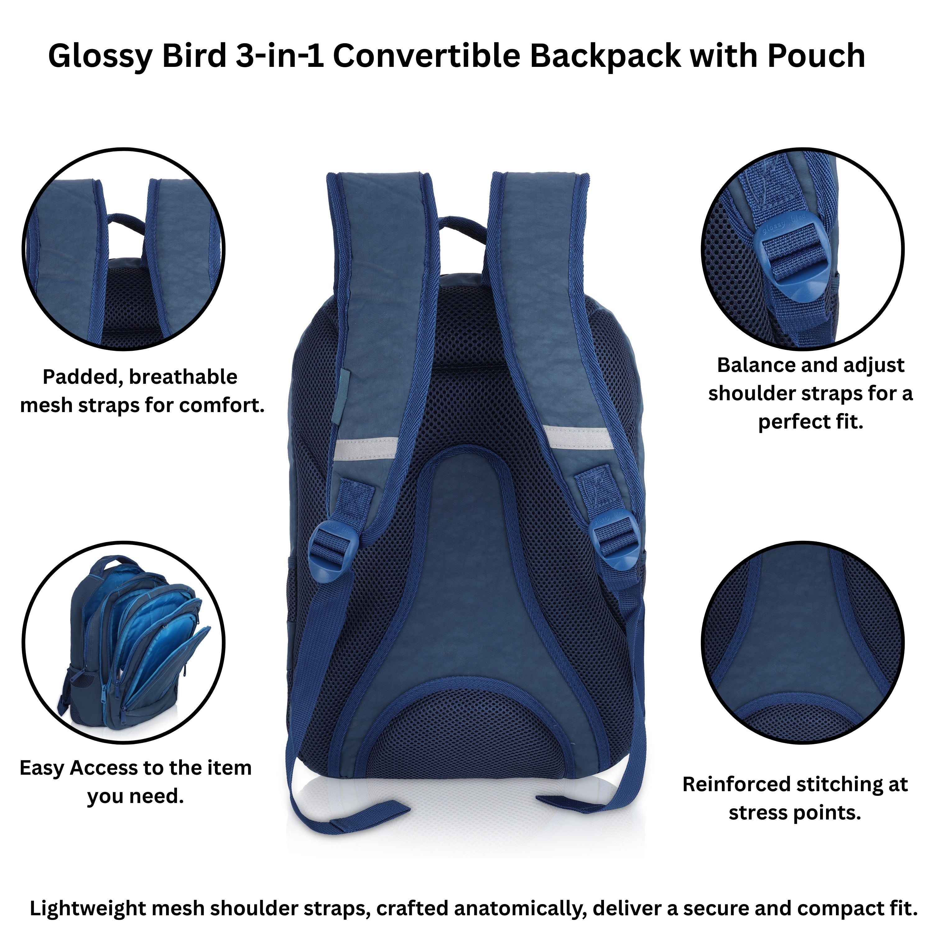Echo Boomers Glossy Bird Backpack (PINK) – Water-Resistant Unisex Bag with 4 Compartments, Detachable Pouch, Bottle Holder & Padded Straps – School, College, Work & Travel Bag