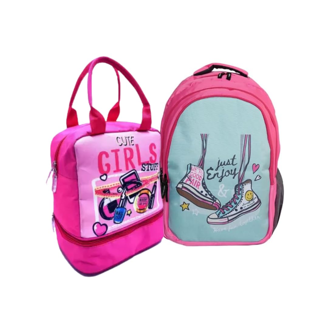 Echo Boomers Shoes Design Printed Backpack & Pink Girls Printed Double Layer Insulated Tiffin Lunch Double Bag Combo Set