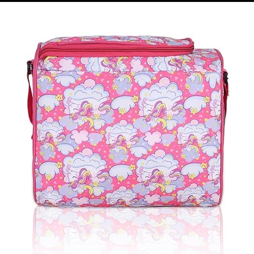 Echo Boomers Double-Insulated Tiffin Lunch Bag in Pink with Magical Unicorn Pattern and Ample Zippered Storage for Easy Organization