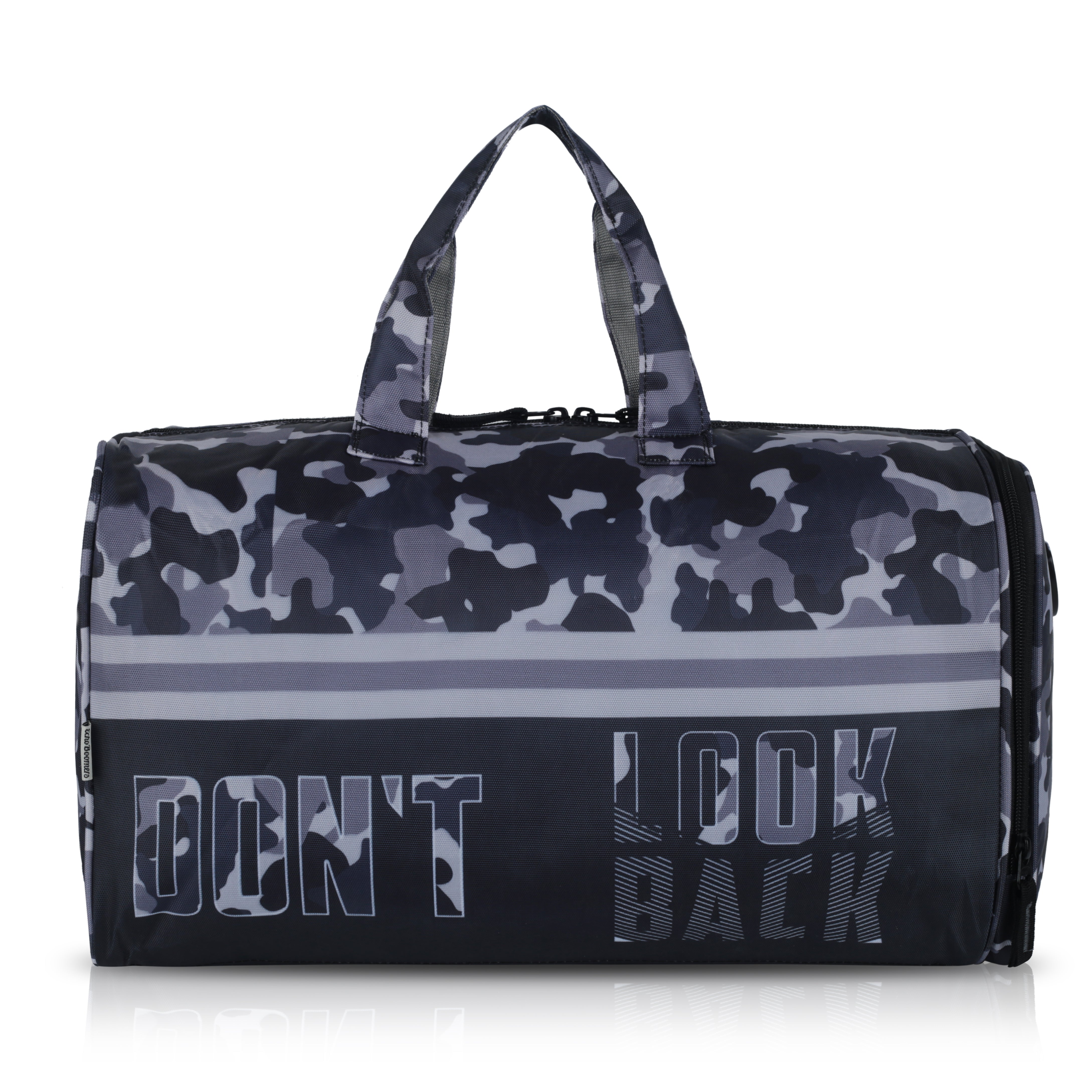Echo Boomers Square Text Print Duffle Bag – Stylish Travel & Gym Bag with Shoe Compartment
