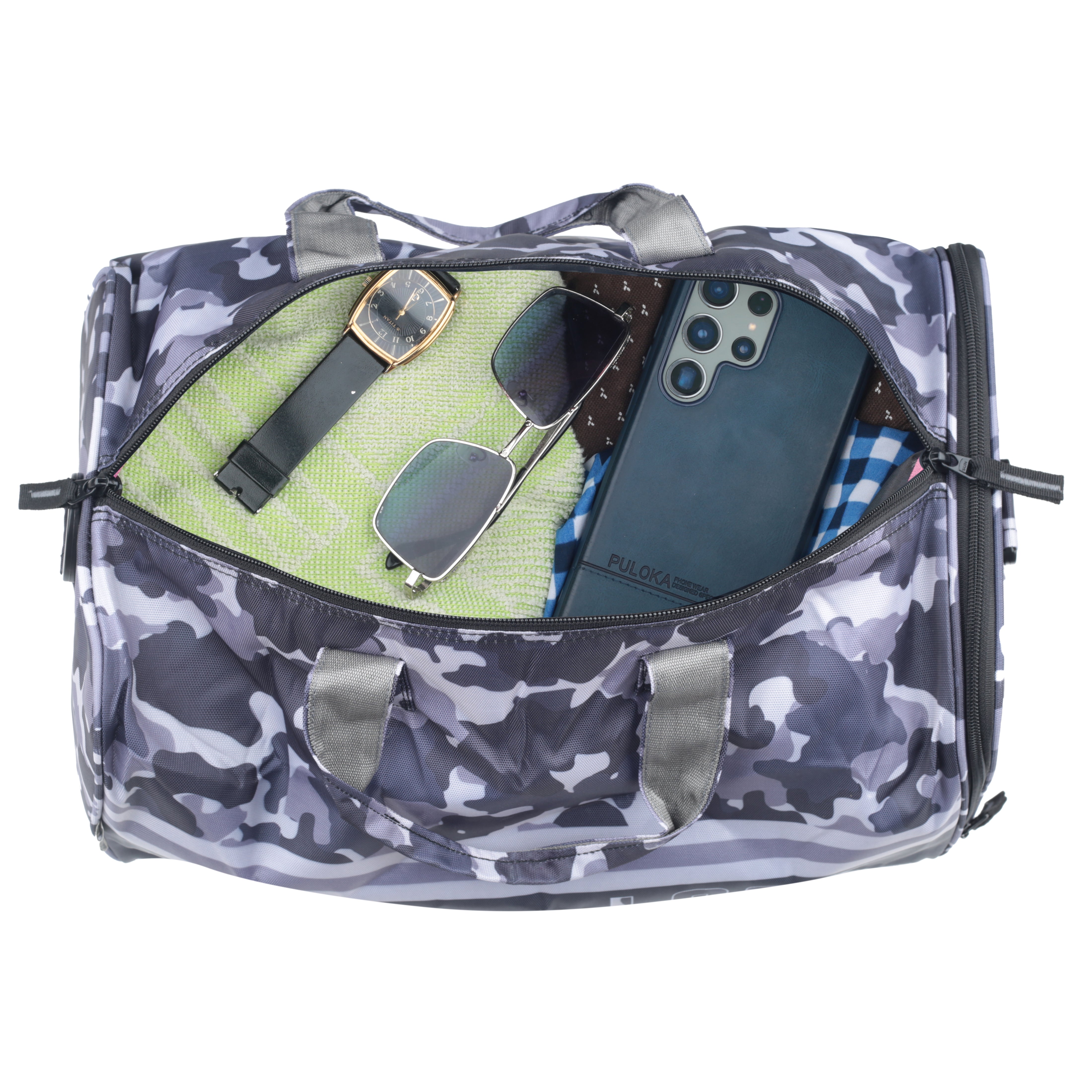 Echo Boomers Square Text Print Duffle Bag – Stylish Travel & Gym Bag with Shoe Compartment