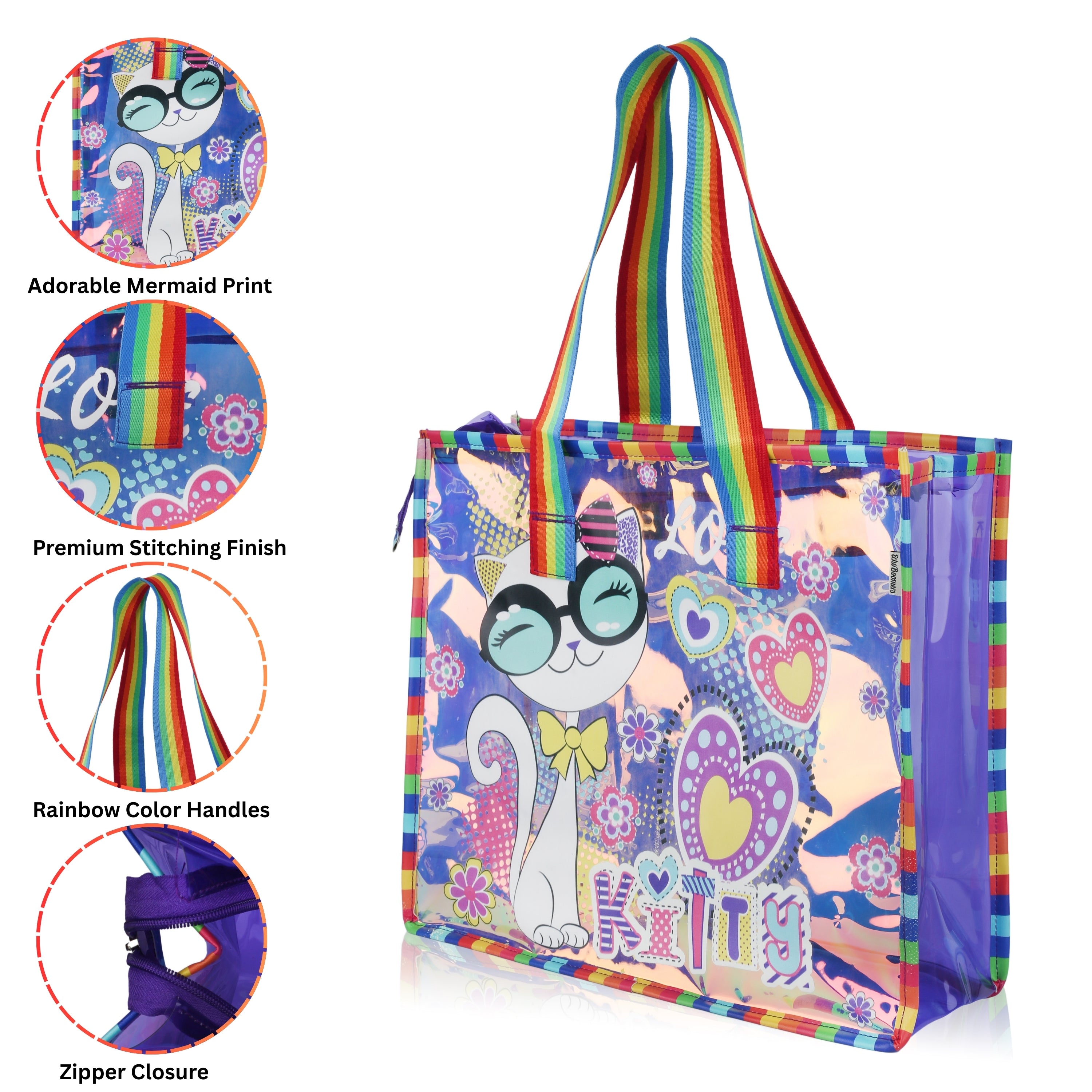 Echo Boomers Cute Mermaid,Magical Unicorn Wings,Astronaut, Stylish Cat,Cute Love Unicorn Transparent 50 GsmTote Bag – Rainbow Handles | Spacious, Durable & Stylish PVC Bag
