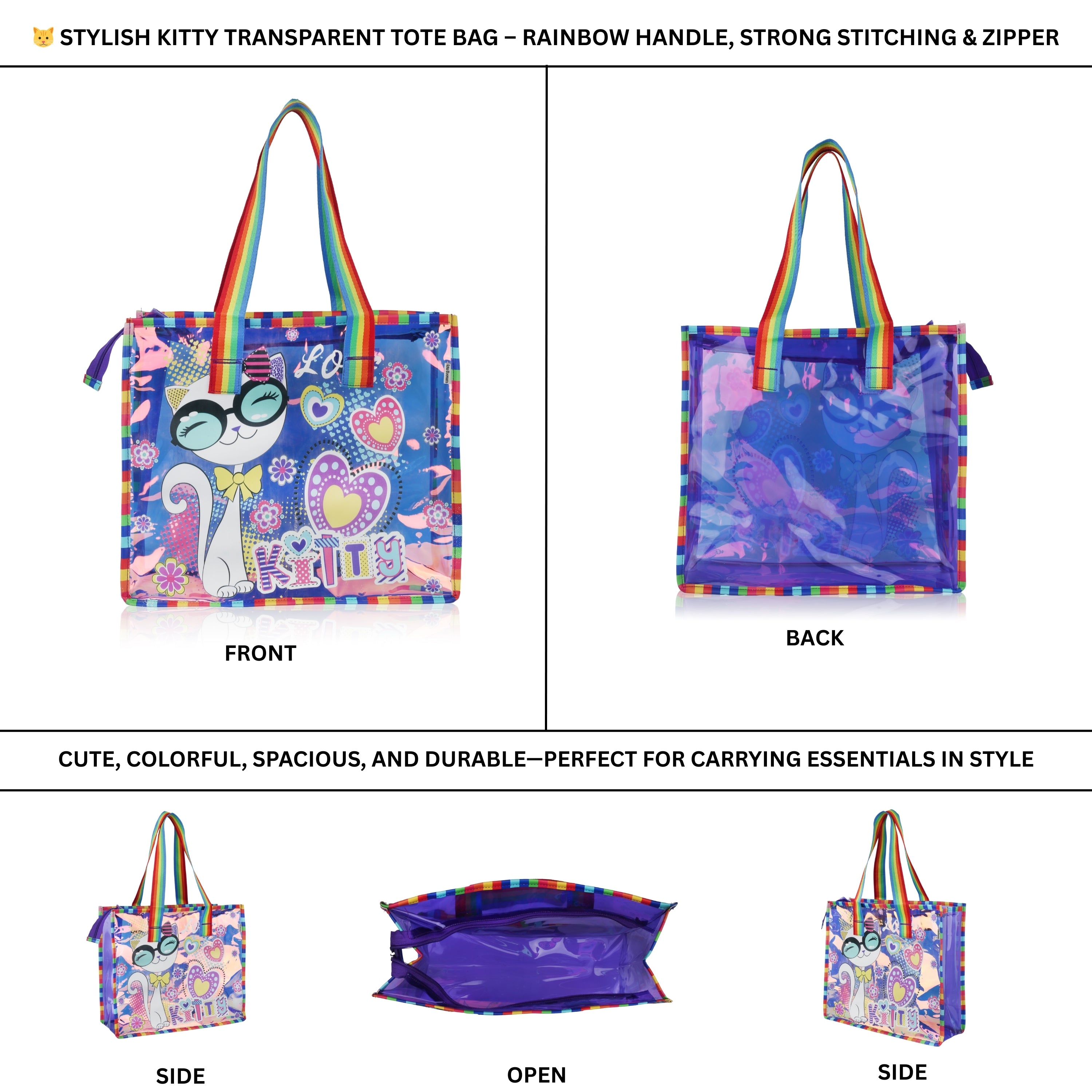 Echo Boomers Cute Mermaid,Magical Unicorn Wings,Astronaut, Stylish Cat,Cute Love Unicorn Transparent 50 GsmTote Bag – Rainbow Handles | Spacious, Durable & Stylish PVC Bag