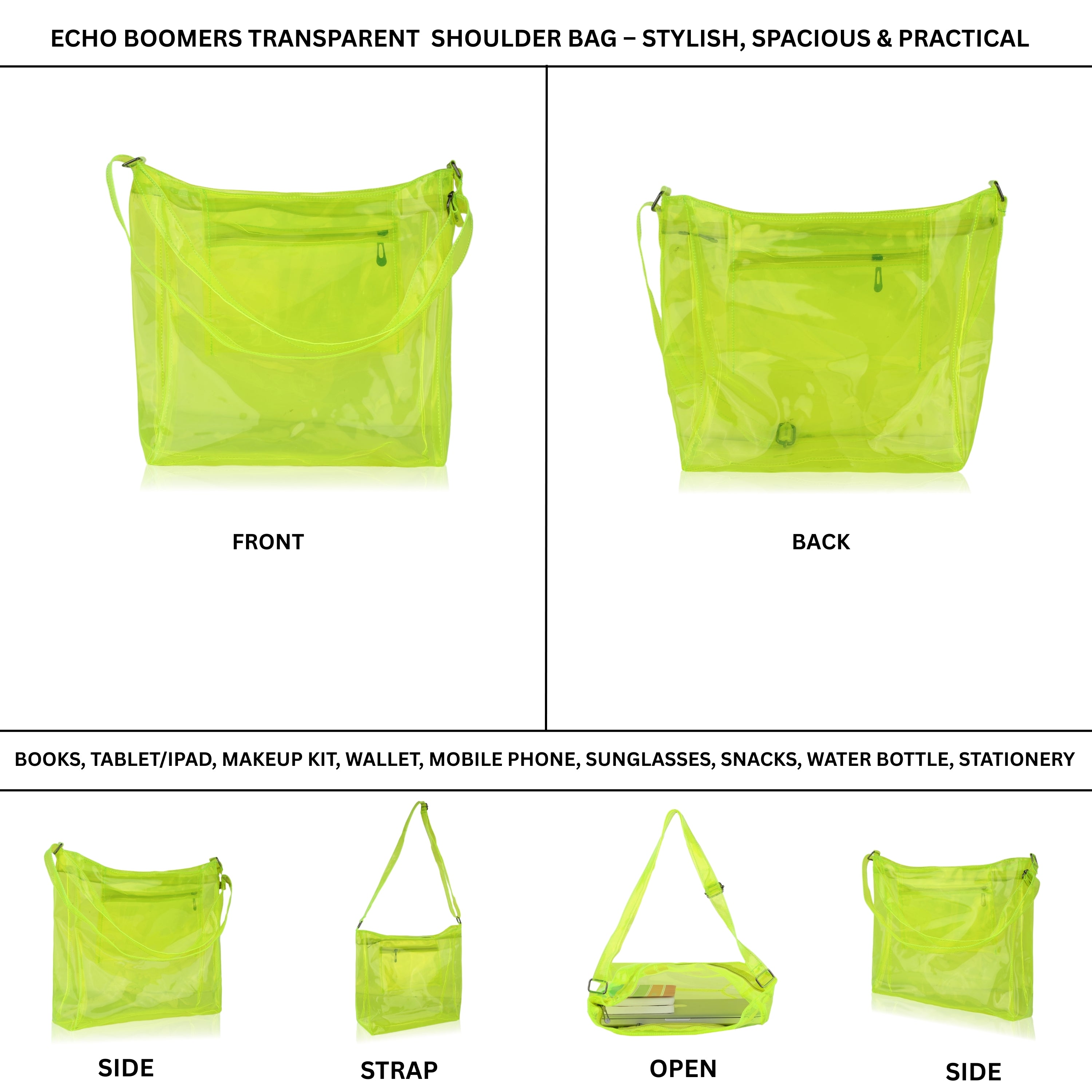 Echo Boomers Transparent Shoulder Bag – Neon Orange, Pink, Green ,Purple, Yellow & Blue| Stylish, Spacious, Durable & Multipurpose PVC Tote