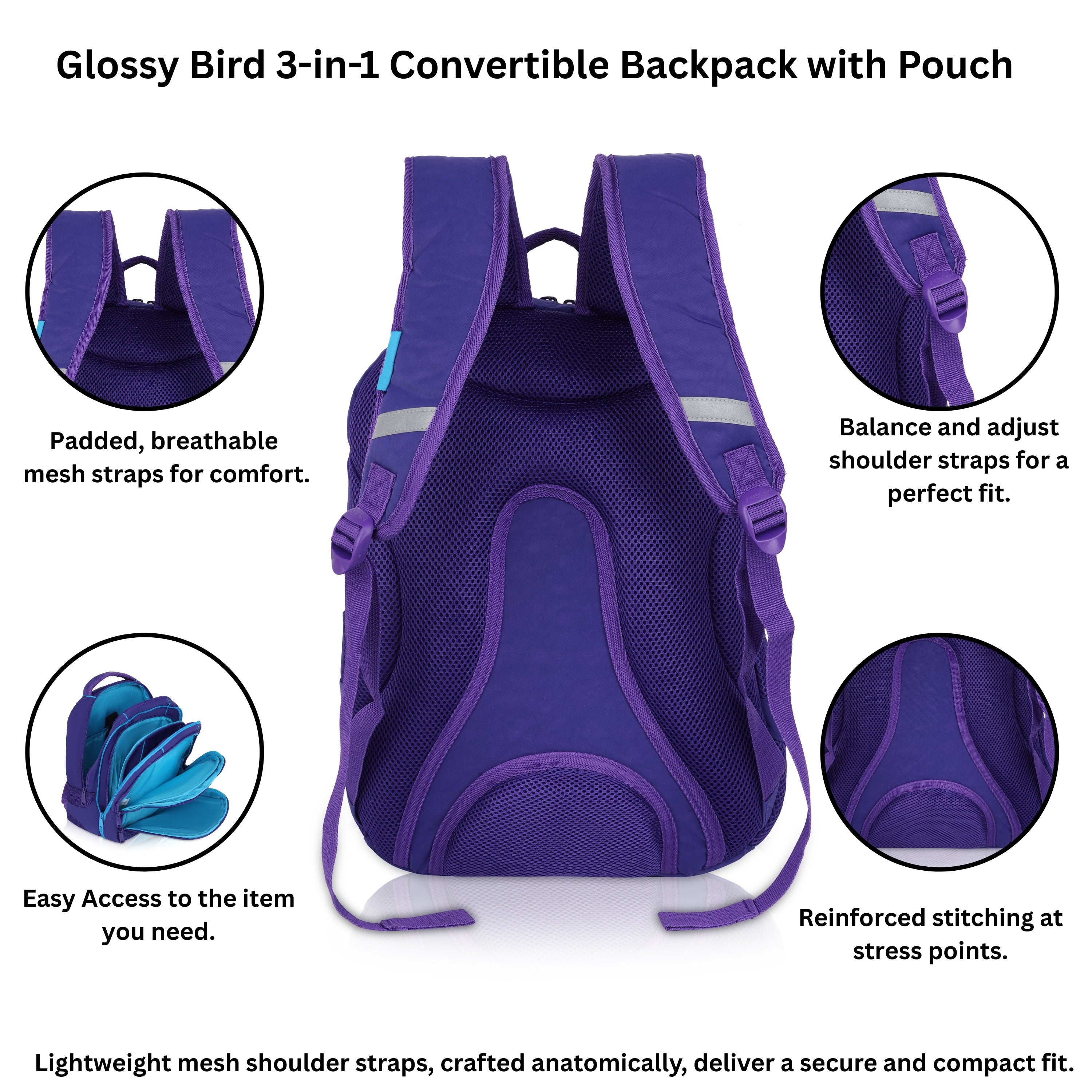 Echo Boomers Glossy Bird Backpack (PINK) – Water-Resistant Unisex Bag with 4 Compartments, Detachable Pouch, Bottle Holder & Padded Straps – School, College, Work & Travel Bag
