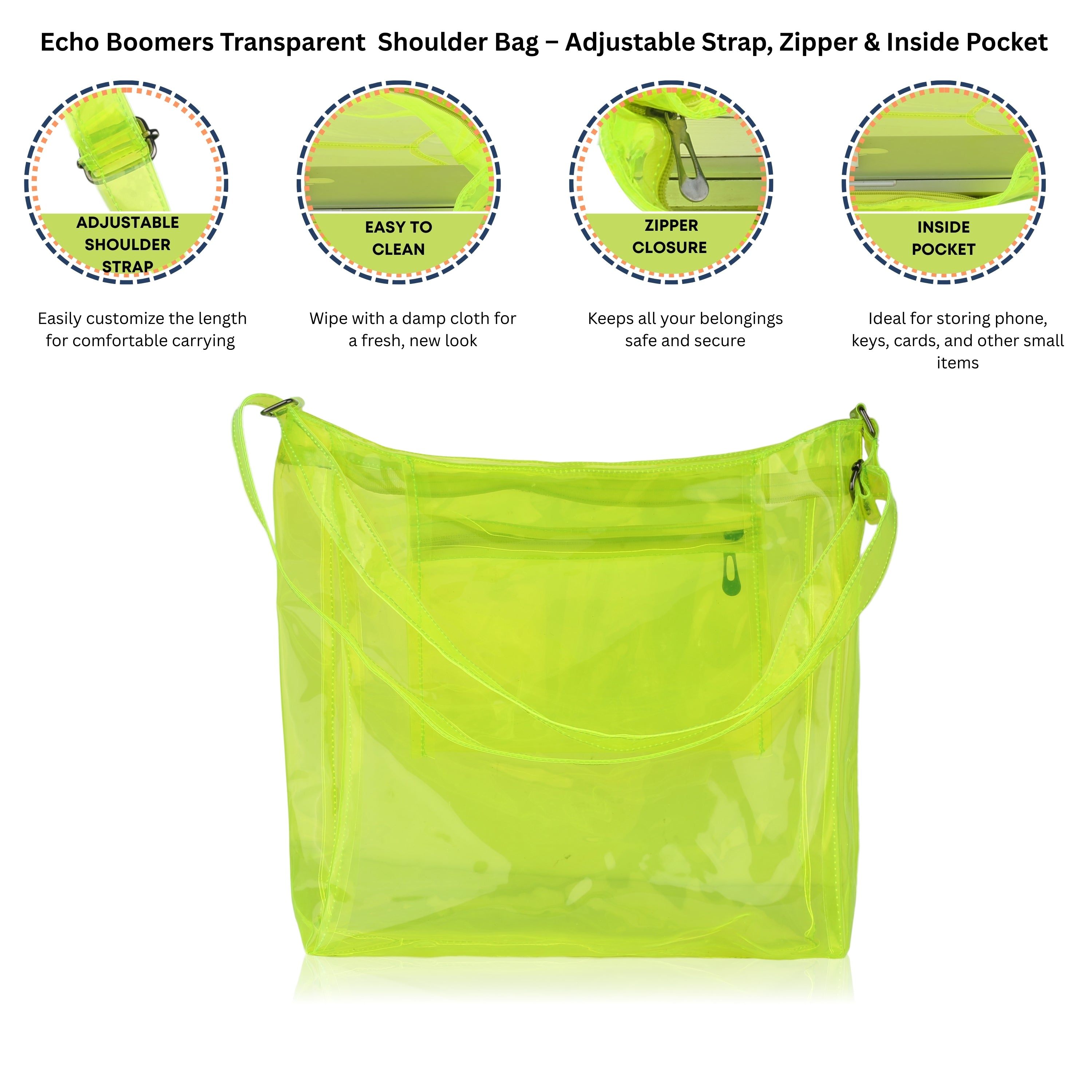 Echo Boomers Transparent Shoulder Bag – Neon Orange, Pink, Green ,Purple, Yellow & Blue| Stylish, Spacious, Durable & Multipurpose PVC Tote