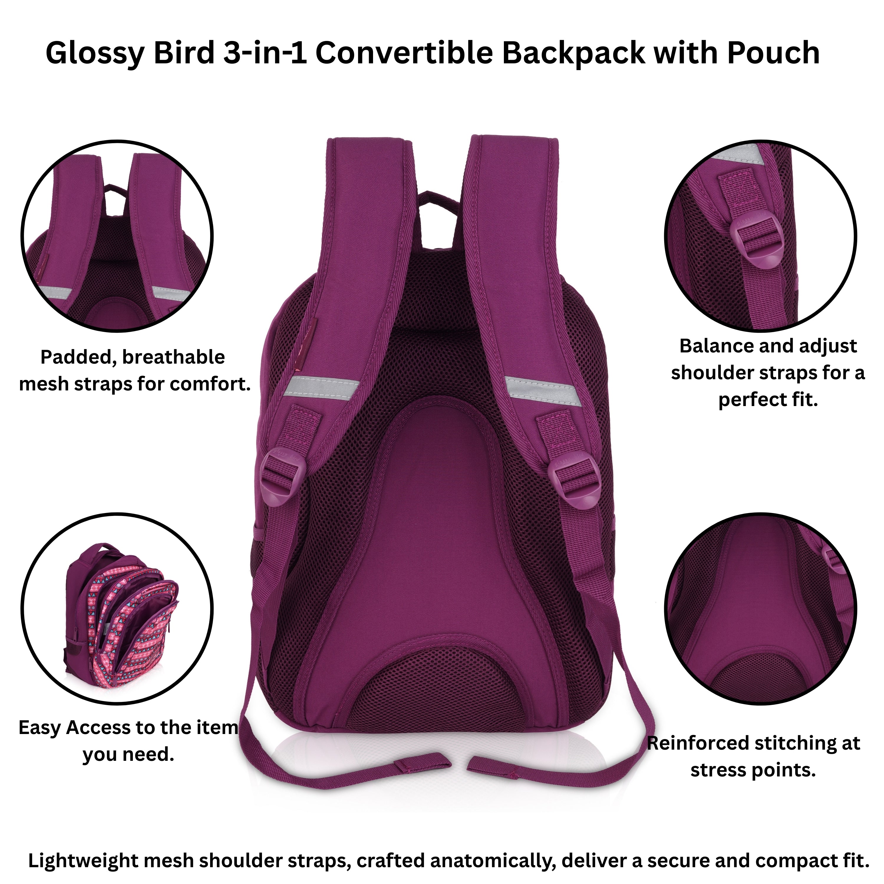 Echo Boomers Glossy Bird Unisex Backpack for School, Office & Travel – Water-Resistant, Lightweight Bag with 4 Compartments, Bottle Holder, Detachable Pouch & Ergonomic Straps (Purple)