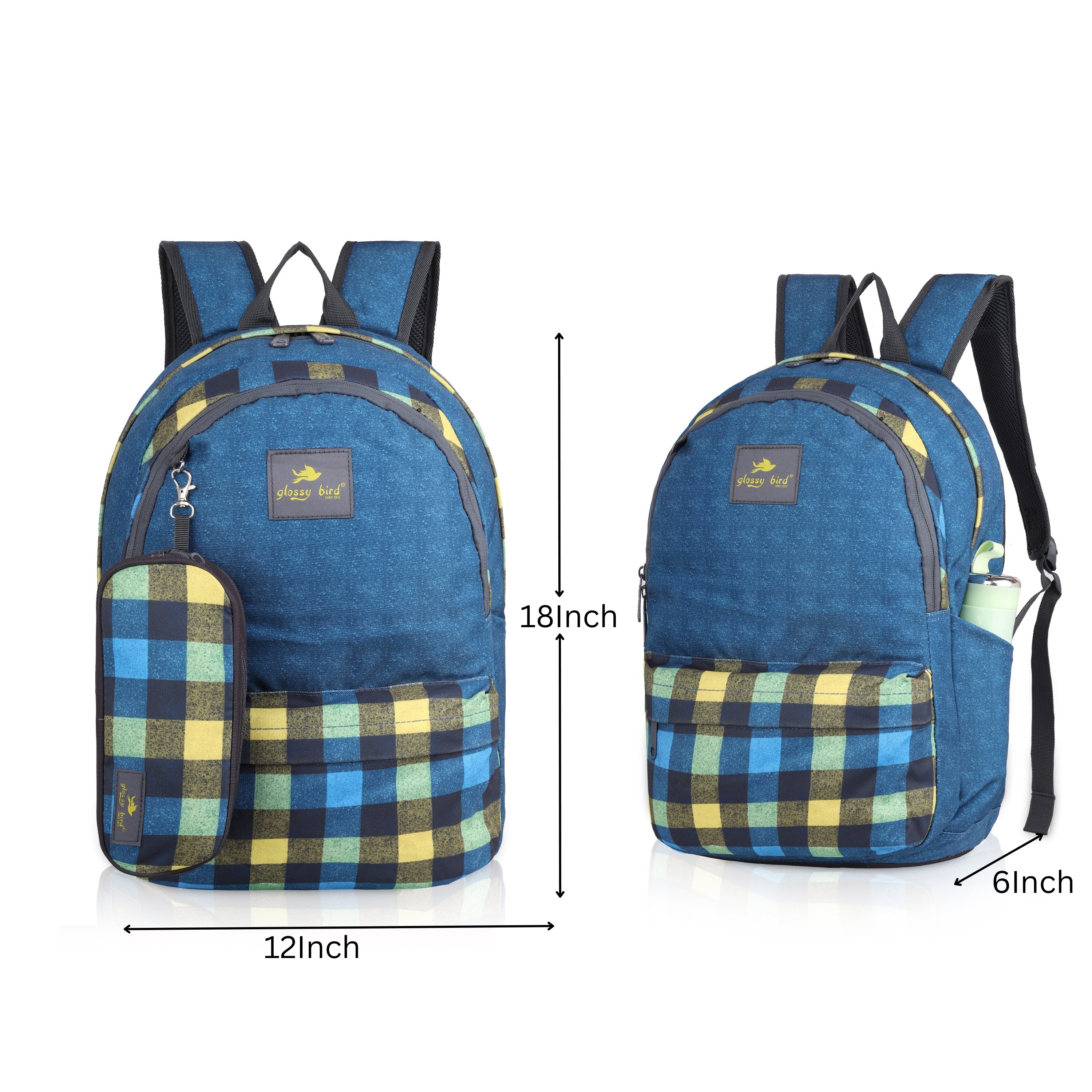 Echo Boomers Glossy Bird 21L Unisex Backpack with Pouch – Stylish Check Design, 3 Compartments, Front Pocket, Bottle Holder – Water-Resistant School, Travel, Office Bag (Yellow
