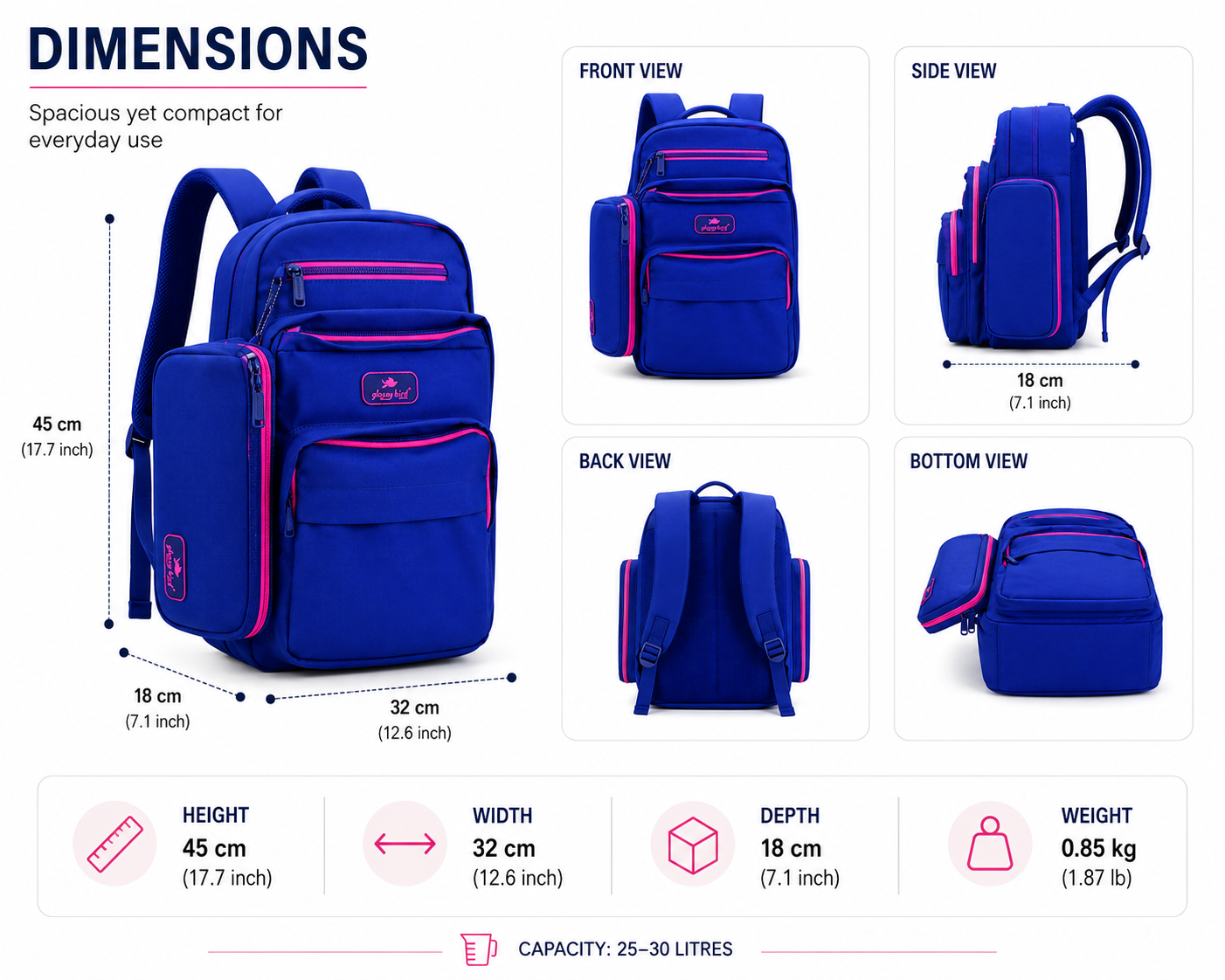 Echo Boomers Glossy Bird Everyday Backpack with Pencil Pouch| Lightweight Water-Resistant Travel, School, College & Office Backpack with Multiple Compartments