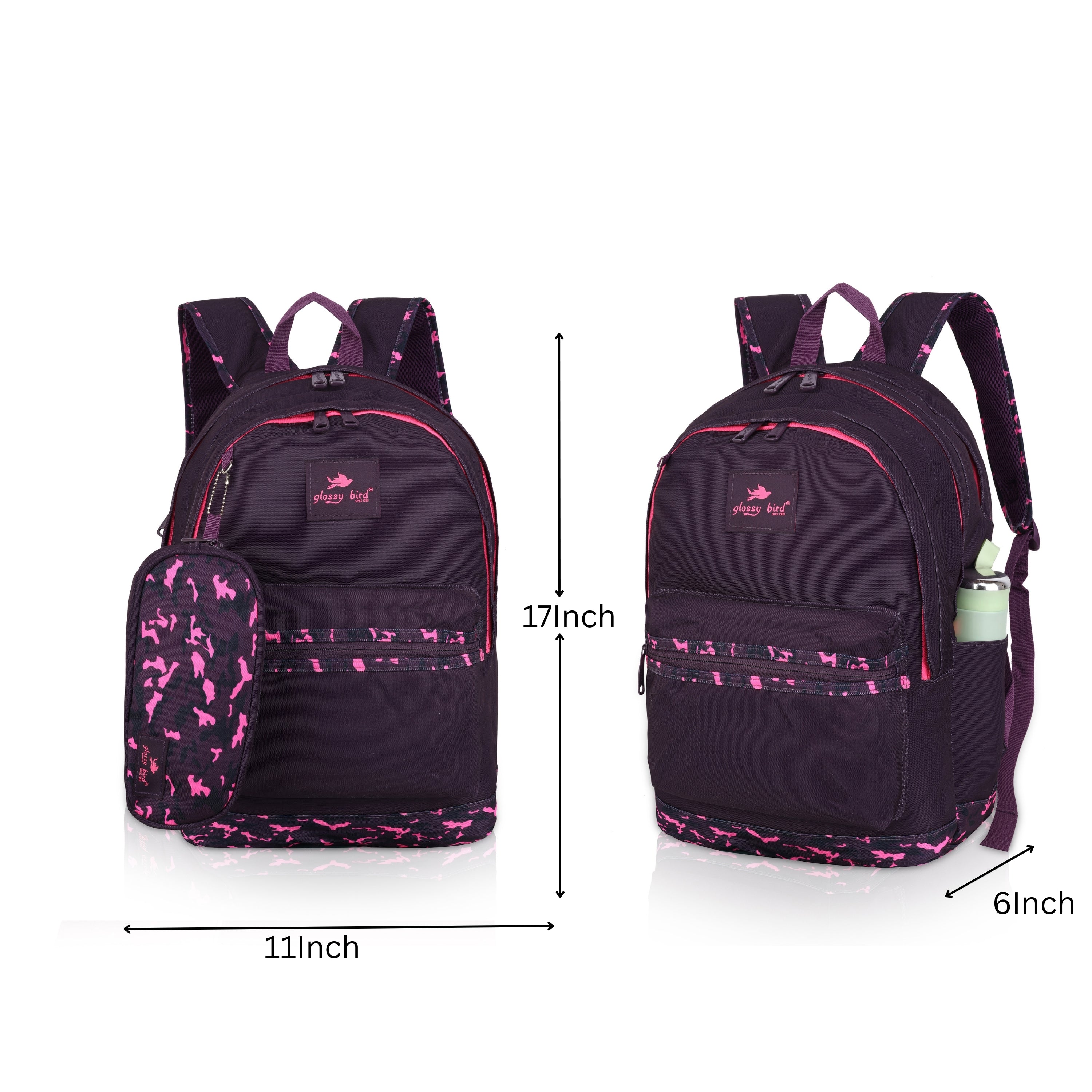Echo Boomers Glossy Bird Backpack (PURPLE) – Water-Resistant School, Travel & Office Bag for Men & Women with Detachable Pouch, Padded Straps, Multi-Pockets & Reflective Strips