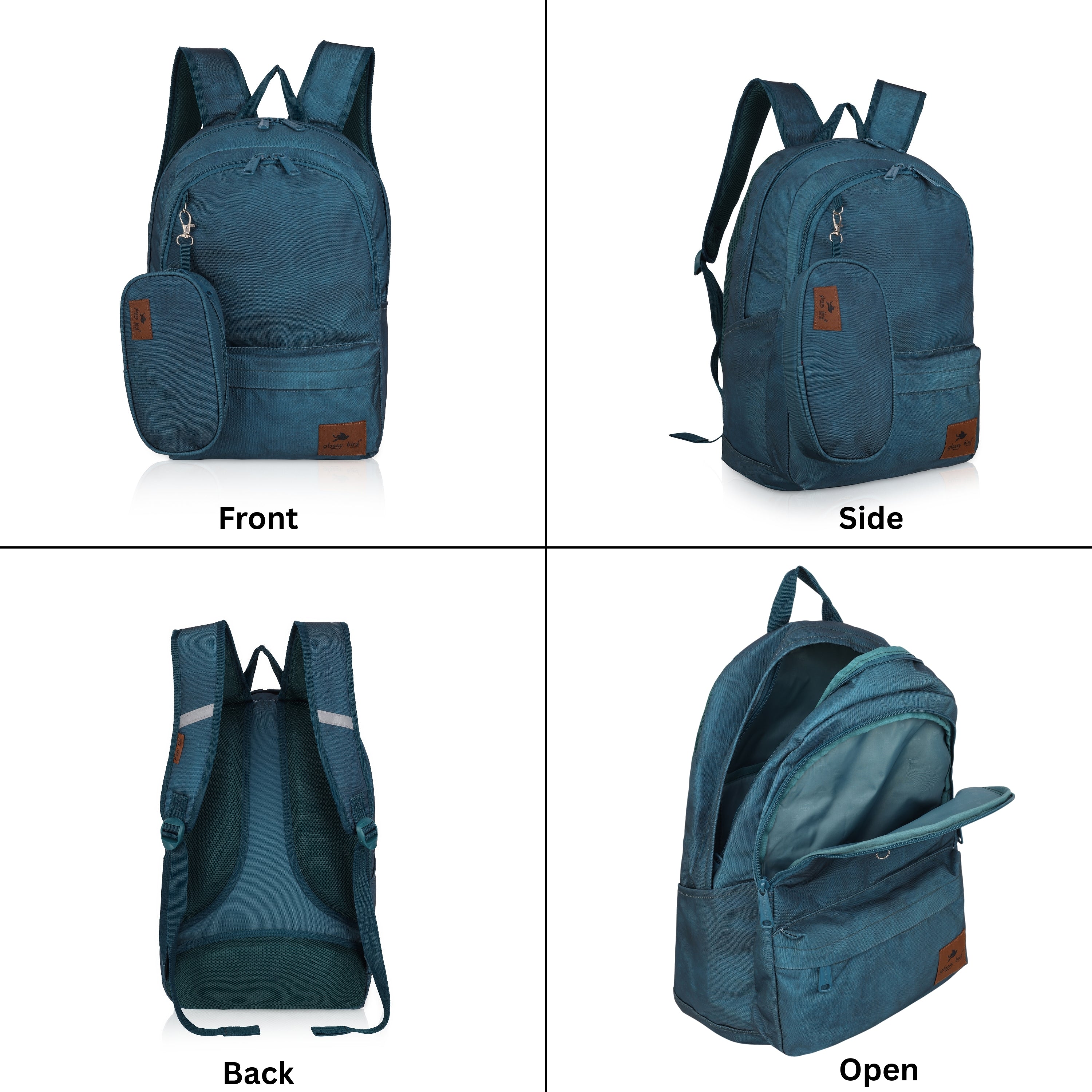 Echo Boomers Glossy Bird Backpack by Echo Boomers – Water-Resistant Bag with 3 Compartments, Bottle Holder, Padded Straps & Detachable Pouch – Ideal for School & Travel (Blue)