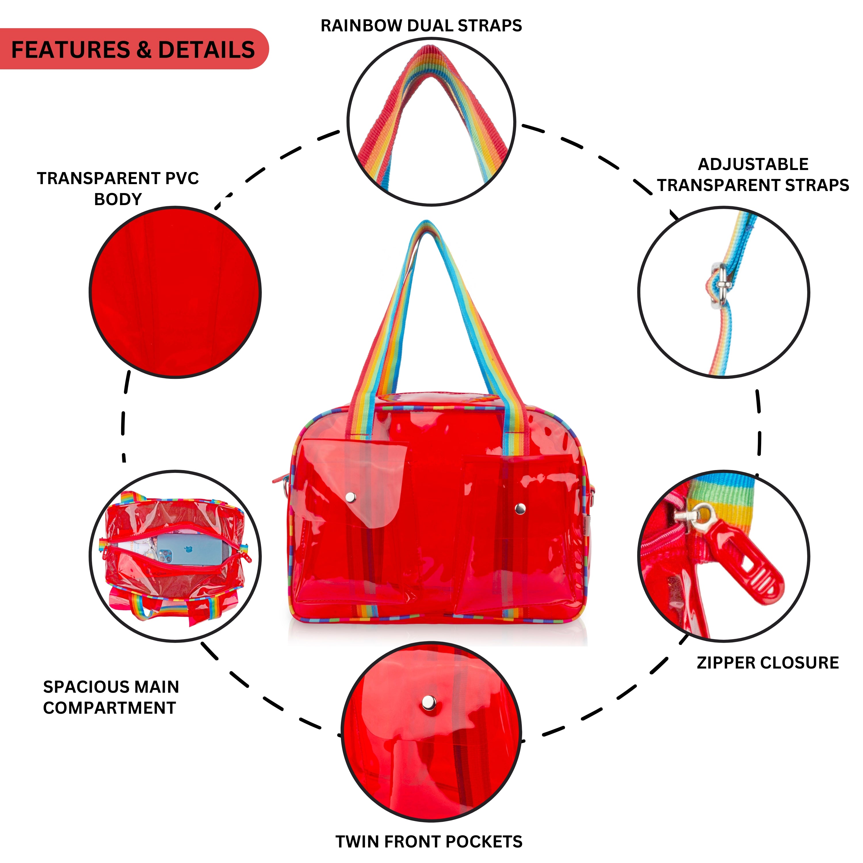 Echo Boomers Unisex Transparent Jelly Duffle Bag – Trendy  Travel Tote with Rainbow Straps & Dual Front Pockets – Fashion Gym, College & Weekend Bag