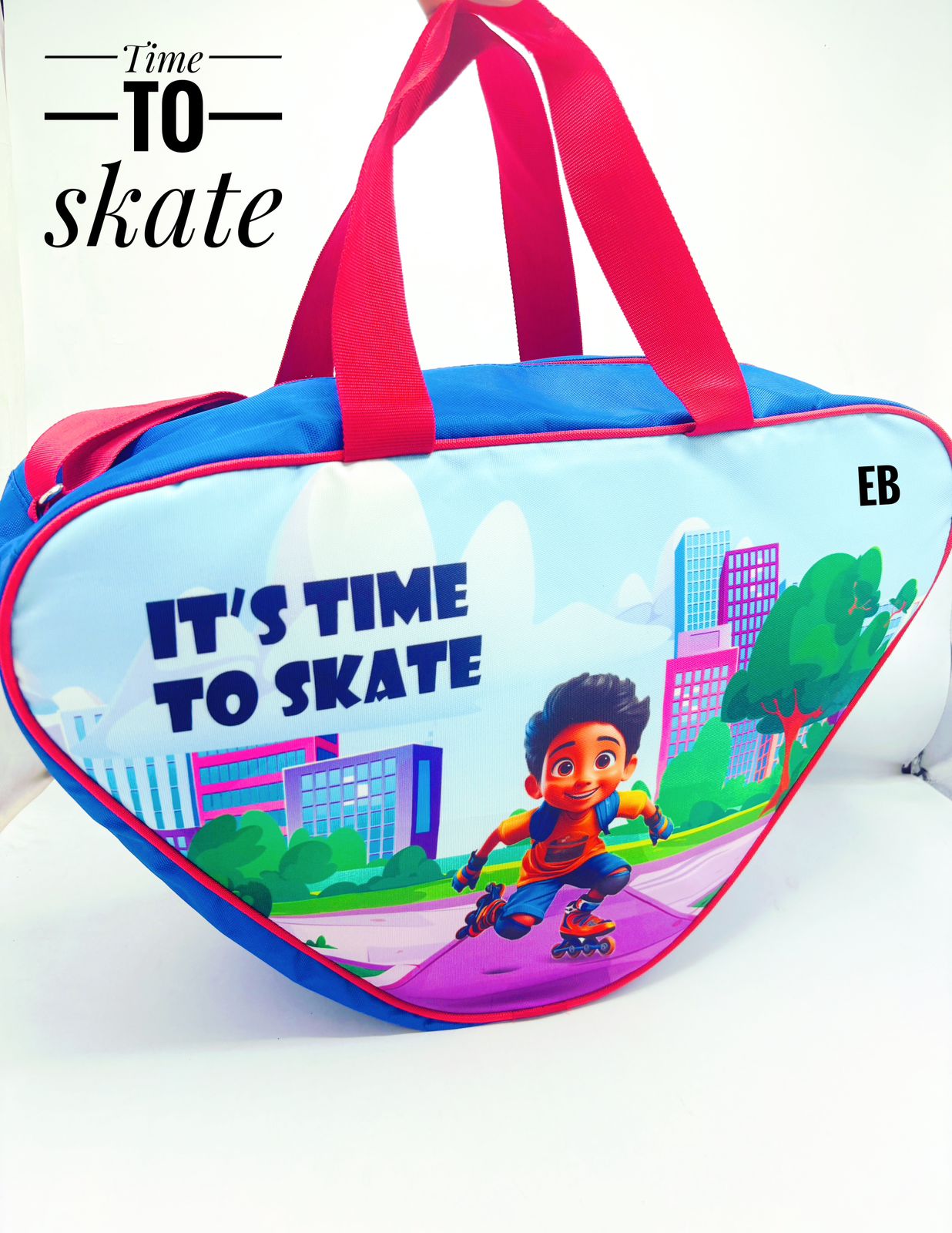 Echo Boomers Skating Bag for Kids & Teens | 18"x13" Large Sports Duffel with “Time to Skate” Print | Lightweight, Water-Resistant Travel & School Bag for Roller Skates, Gear & Accessories (Blue)