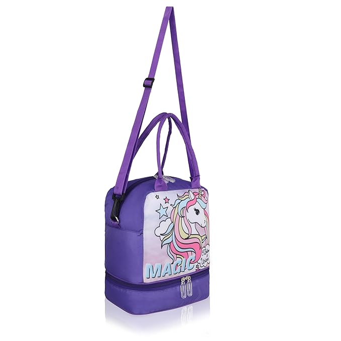 Echo Boomers Double Layer Insulated Tiffin Lunch Bag - Magical Purple Unicorn Print, Multi Pockets & Long Strap