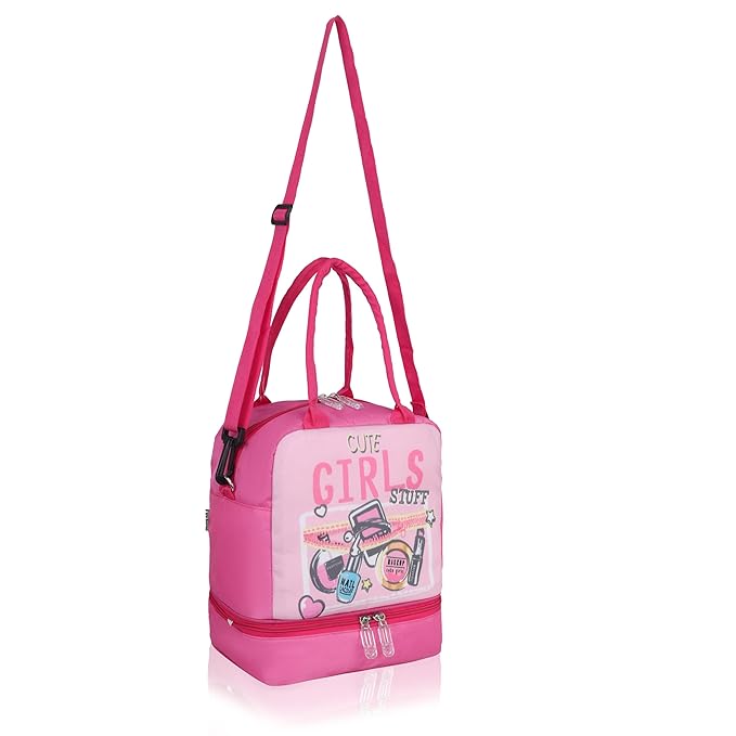 Echo Boomers Pink Lunch Bag - Insulated Tiffin Bag, Fun Girl Stuff Print & Long Strap