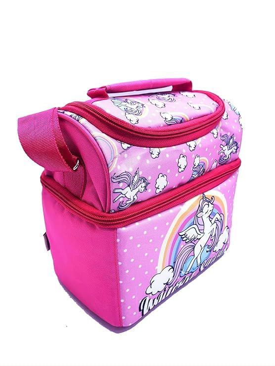 Echo Boomers Unicorn Design Print Backpack|17inch - 3 Compartment School Bags & Unicorn Printed Pink Double Insulated Tiffin Lunch Bag Combo Set