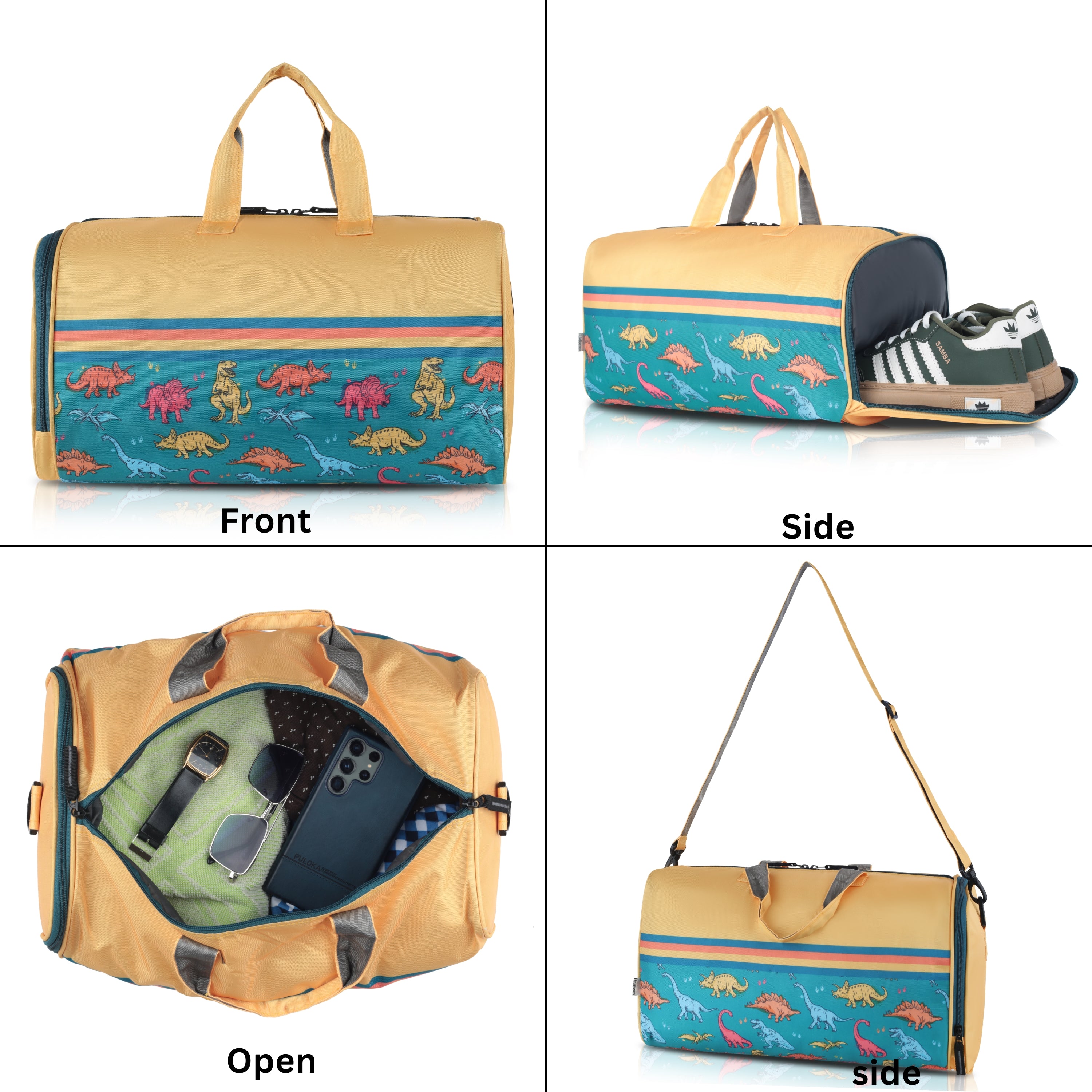 Echo Boomers Square Dino Print Duffle Bag – Stylish Travel & Gym Bag with Shoe Compartment