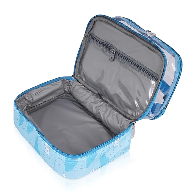 Echo Boomers Plane Printed Small Double-Decker Insulated Lunch Bag with Multi-Zipper Pockets - Sky Blue