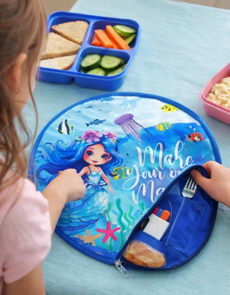 Echo Boomers Multi design & Theme Round Folding Dining Mat for Kids | 10 x 10 Inch Cutlery Holder | Portable Kids Lunch Mat with Spoon & Fork Pockets