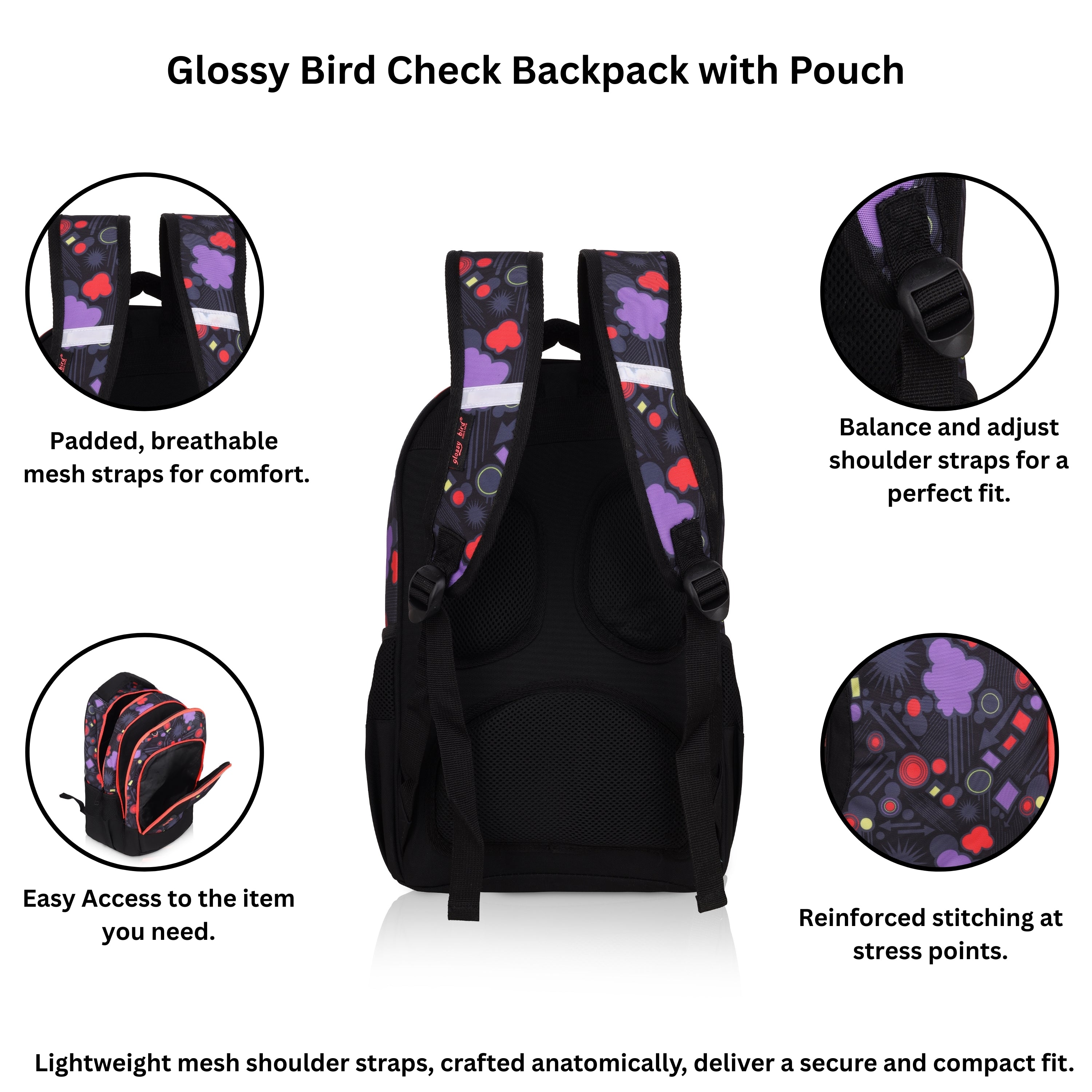 Echo Boomers Glossy Bird Backpack (BLACK) – Lightweight Water-Resistant School Bag for Girls & Boys with Detachable Pouch & Bottle Holder – Stylish Multi-Pocket Travel Backpack