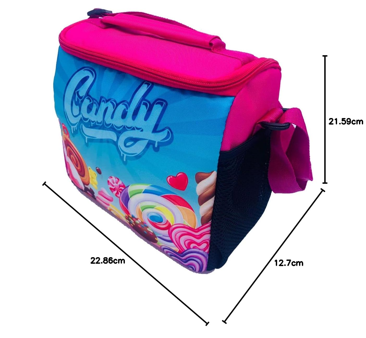 Echo Boomers Candy Printed Insulated Lunch Bag, Tiffin and Food Storage Bag for Work, Students, Office, Picnic, College & School with Bottle Holder & Multiple Zipper Pockets