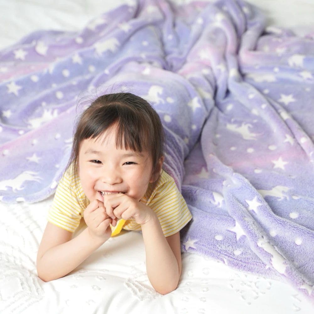 Echo Boomers Purple Unicorn Glow in The Dark Blanket Printed Blankets for Kids, Light Weight Soft Cozy All Season Blankets for Baby Boys & Girls Pack of 1 Grey Star-Big (60x80 inches)