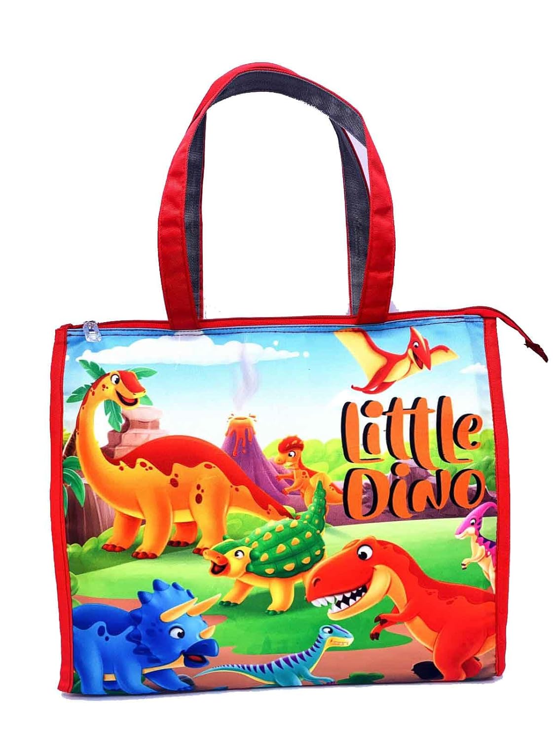 Echo Boomers Red Little Dino Printed Jumbo Size Drawing/Activity Tote Bag with Multiple Pockets